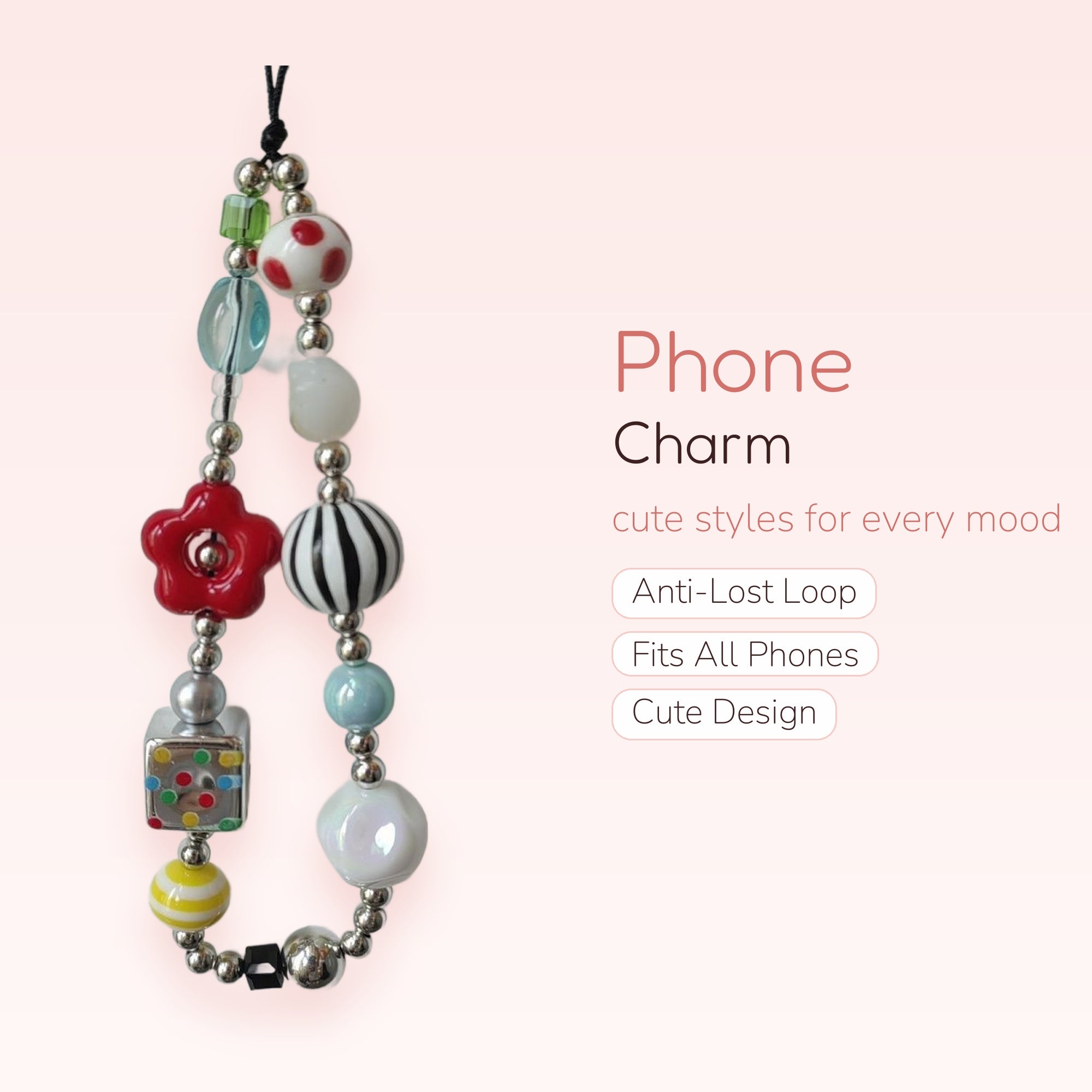 Y2K Beaded Phone Charm Strap with Red Flower & Striped Beads | Kawaii Phone Lanyard