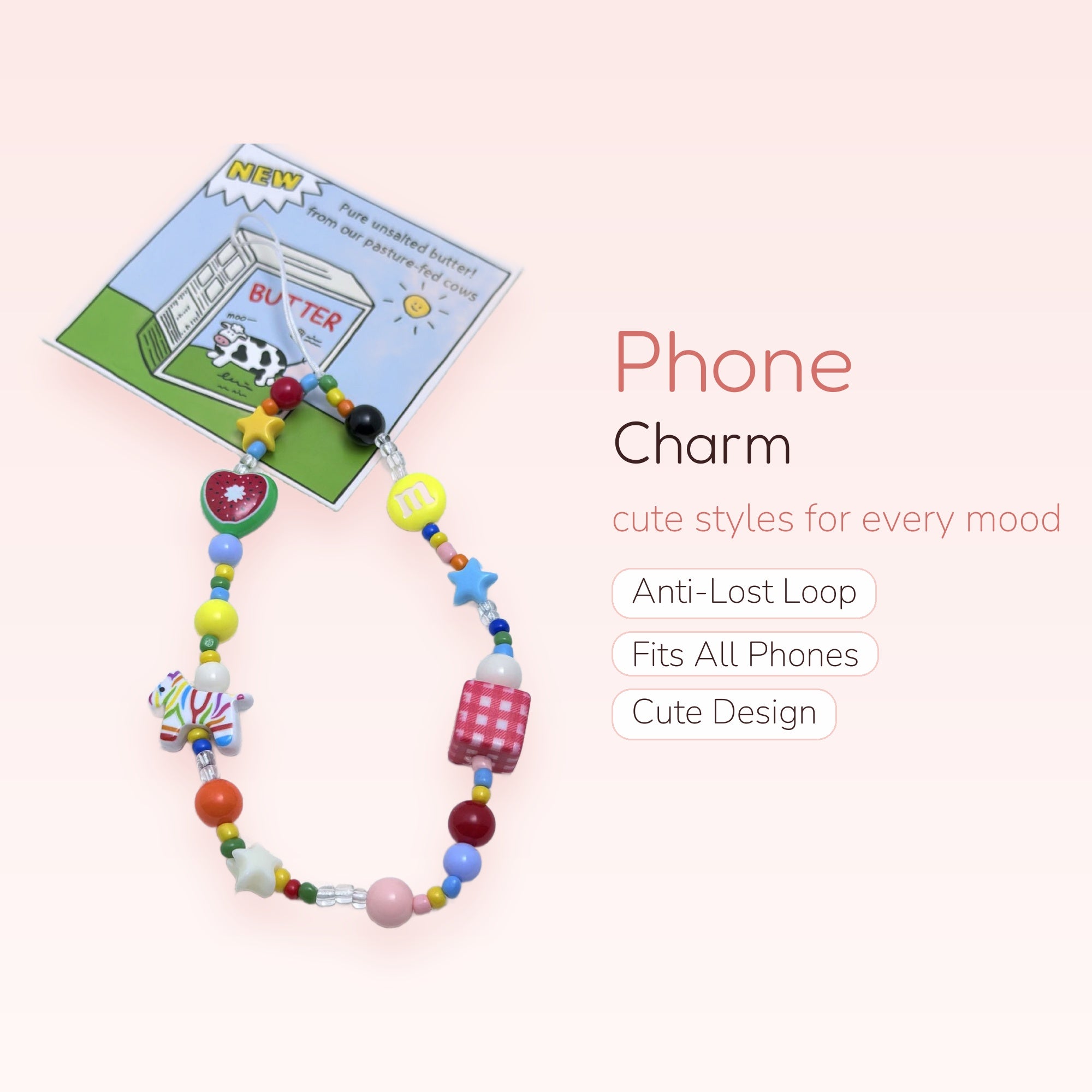 Y2K Rainbow Beaded Phone Charm Strap | Cute Fruit & Animal Wrist Lanyard