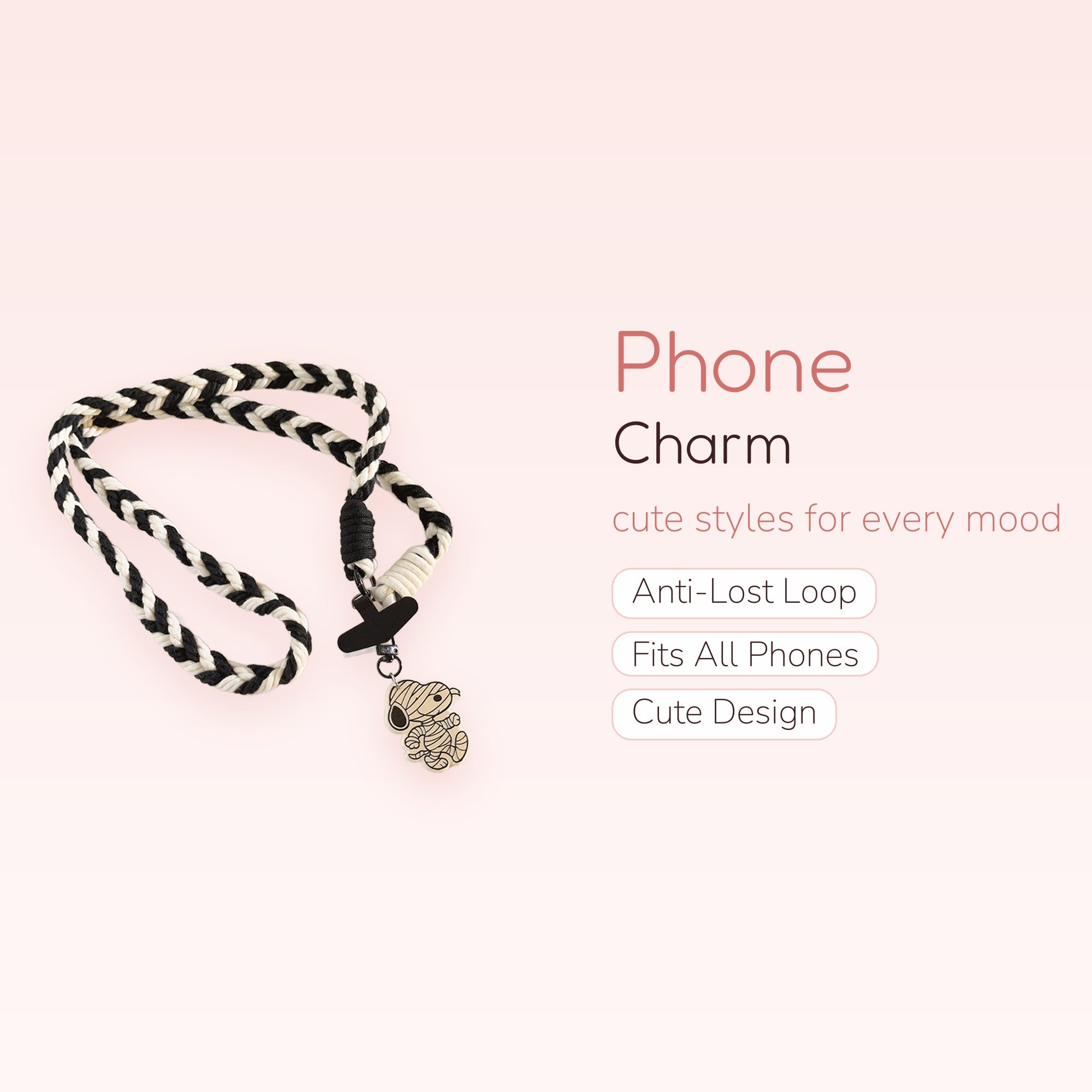 Braided Black & White Lanyard Phone Charm | Cute Mummy Snoopy Strap