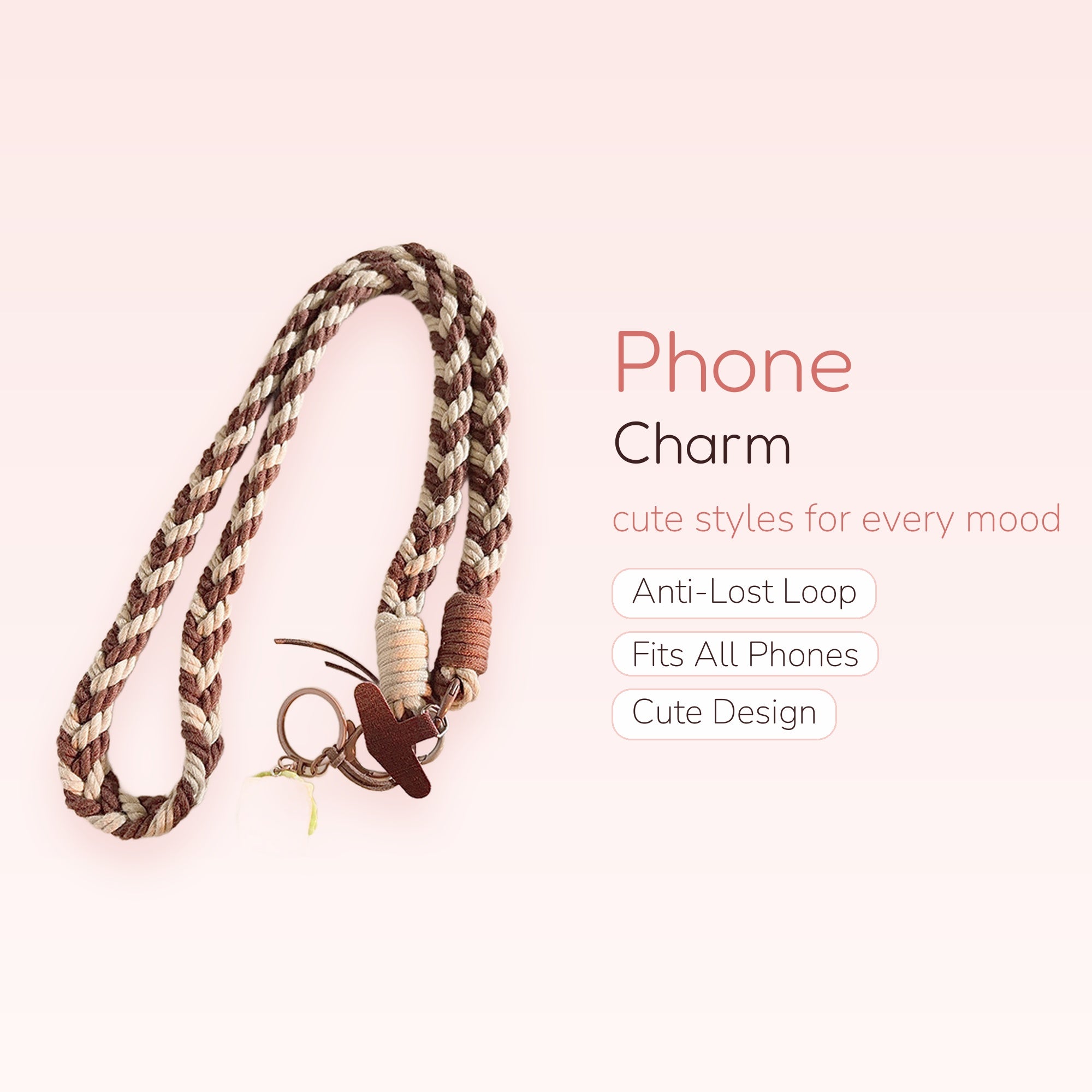 Braided Brown & Beige Phone Charm Lanyard | Cute Sandwich Keychain Strap