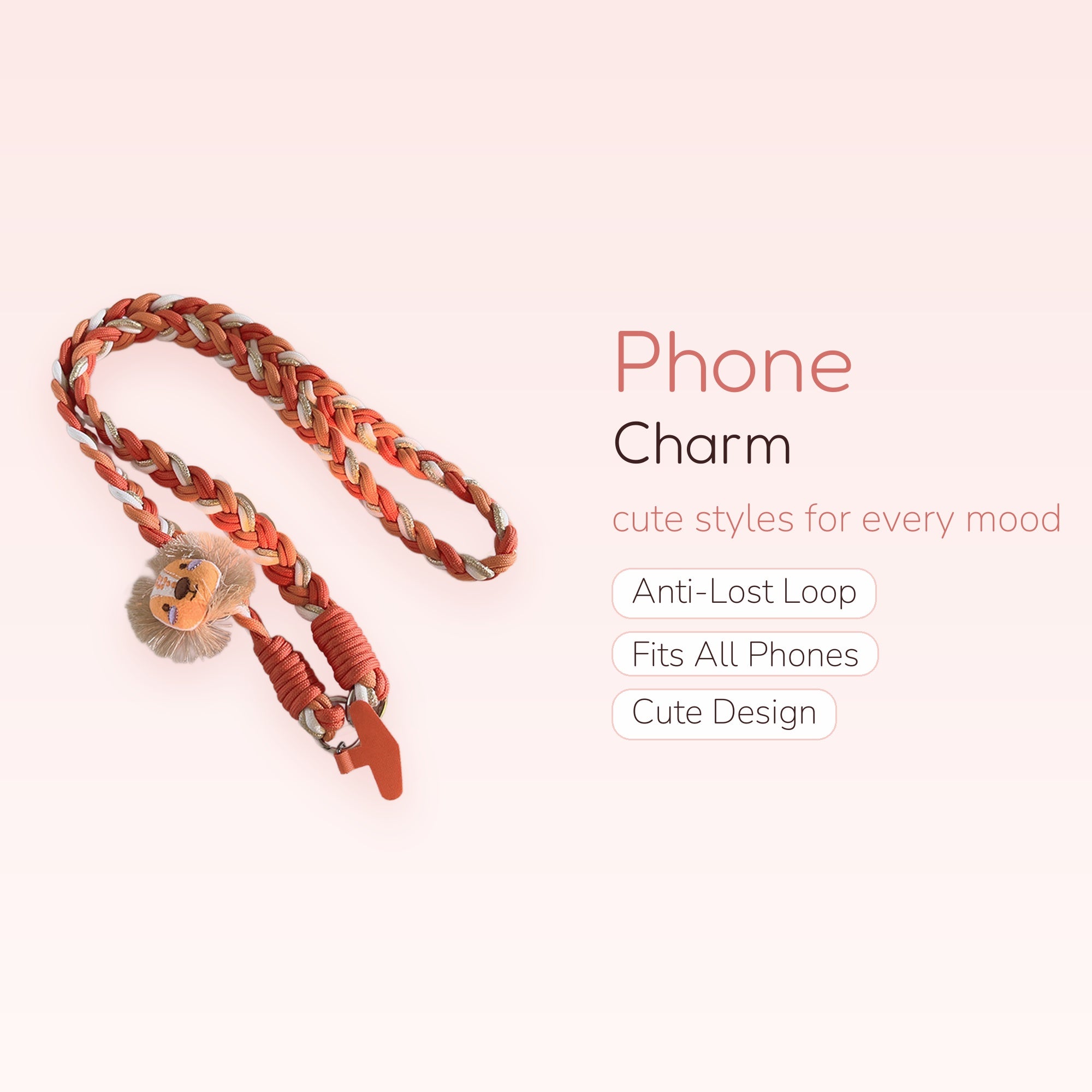 Braided Orange & White Lion Phone Charm Lanyard | Cute Animal Wrist Strap