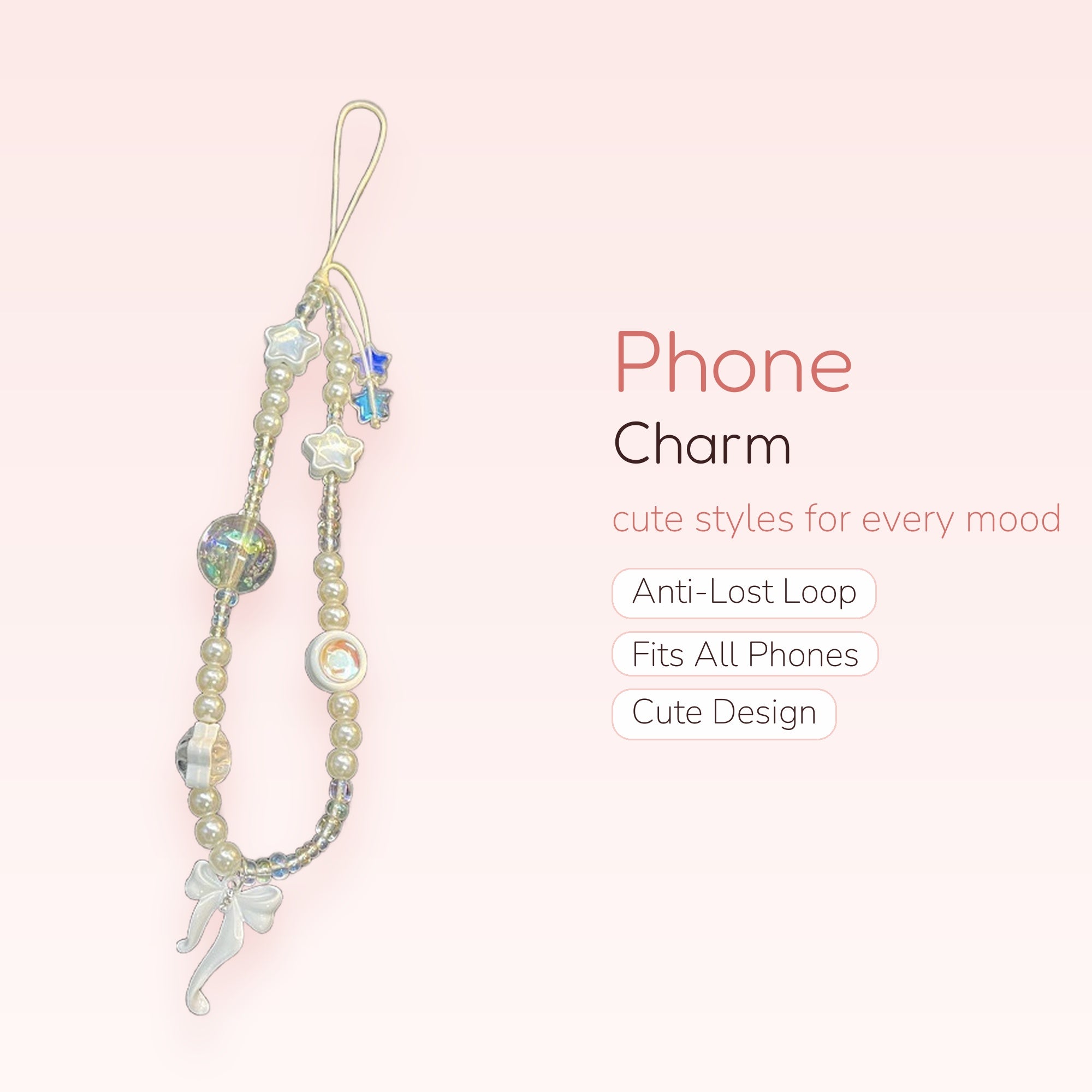 Iridescent Pearl & Star Phone Charm | Kawaii Beaded Phone Strap with Bow