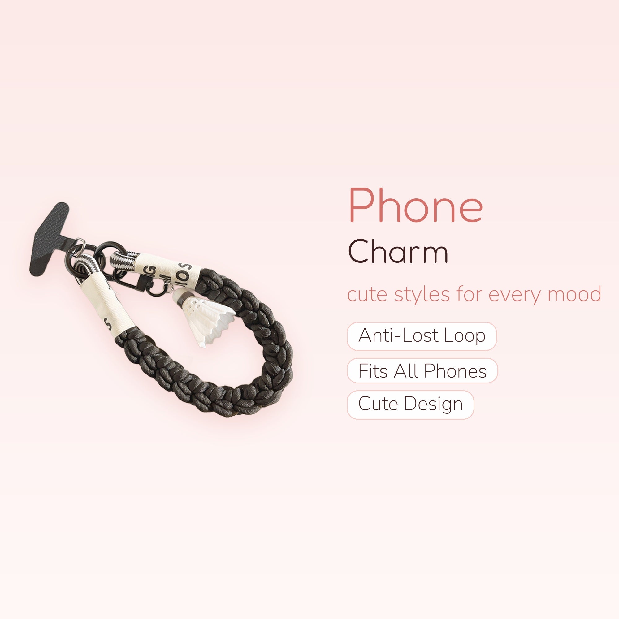Aesthetic Black Braided Phone Charm | Cute Badminton Shuttlecock Wrist Lanyard