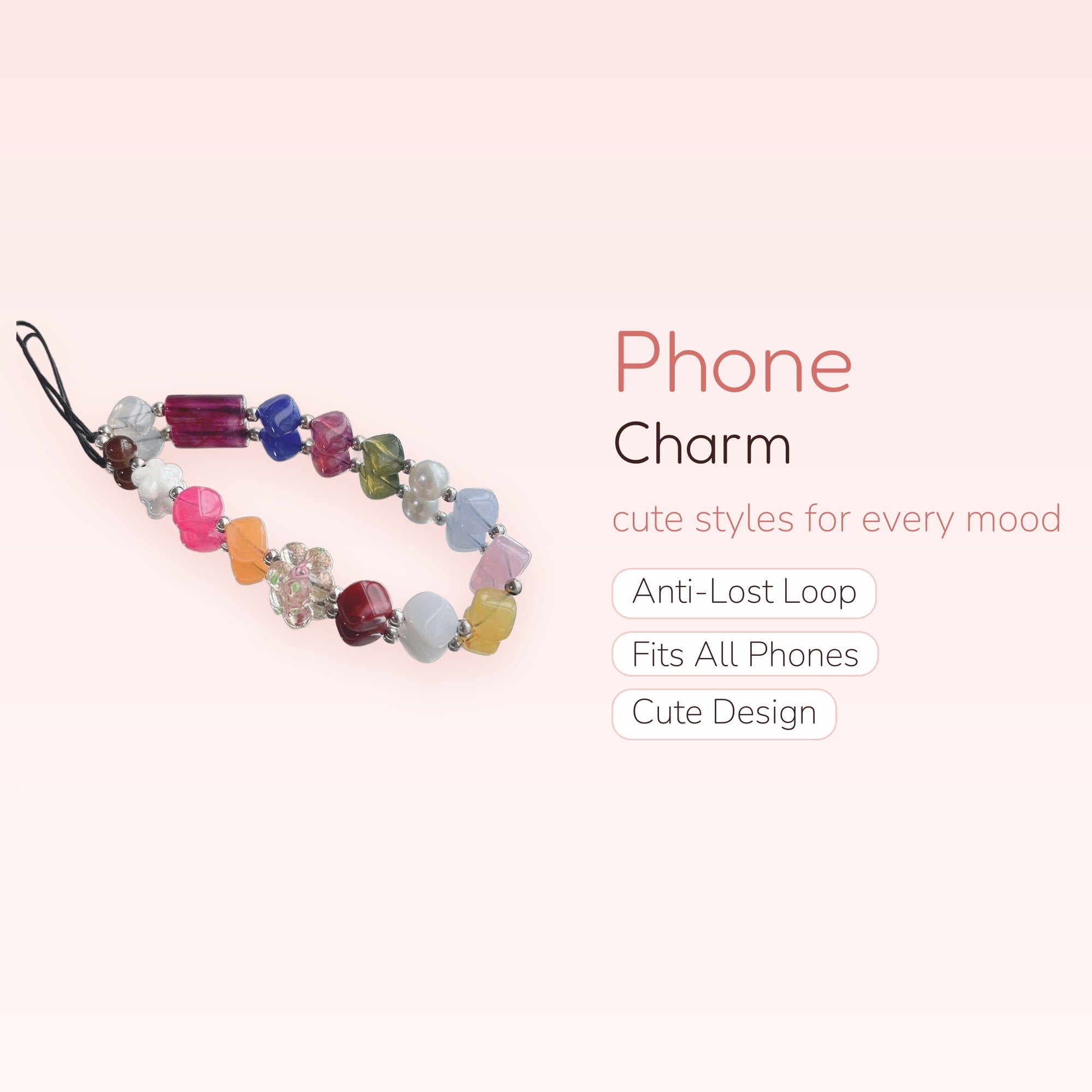 Aesthetic Colorful Beaded Phone Charm Strap | Y2K Square & Flower Bead Wrist Lanyard