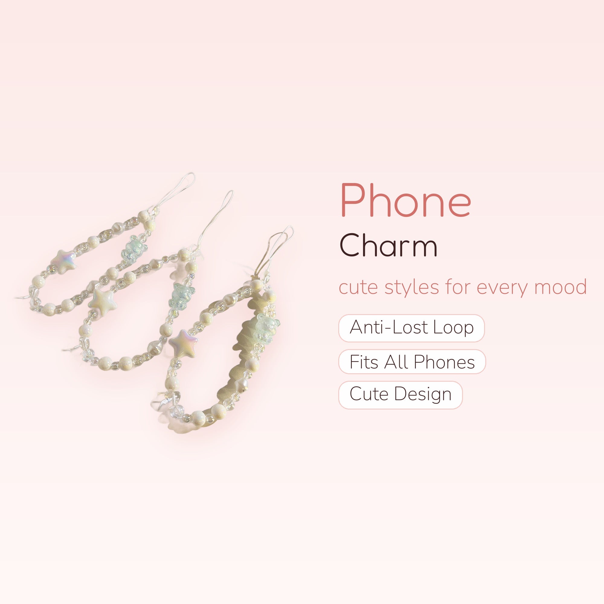 Kawaii Pearl & Star Phone Charm | Pastel Beaded Wrist Strap with Bear Charms
