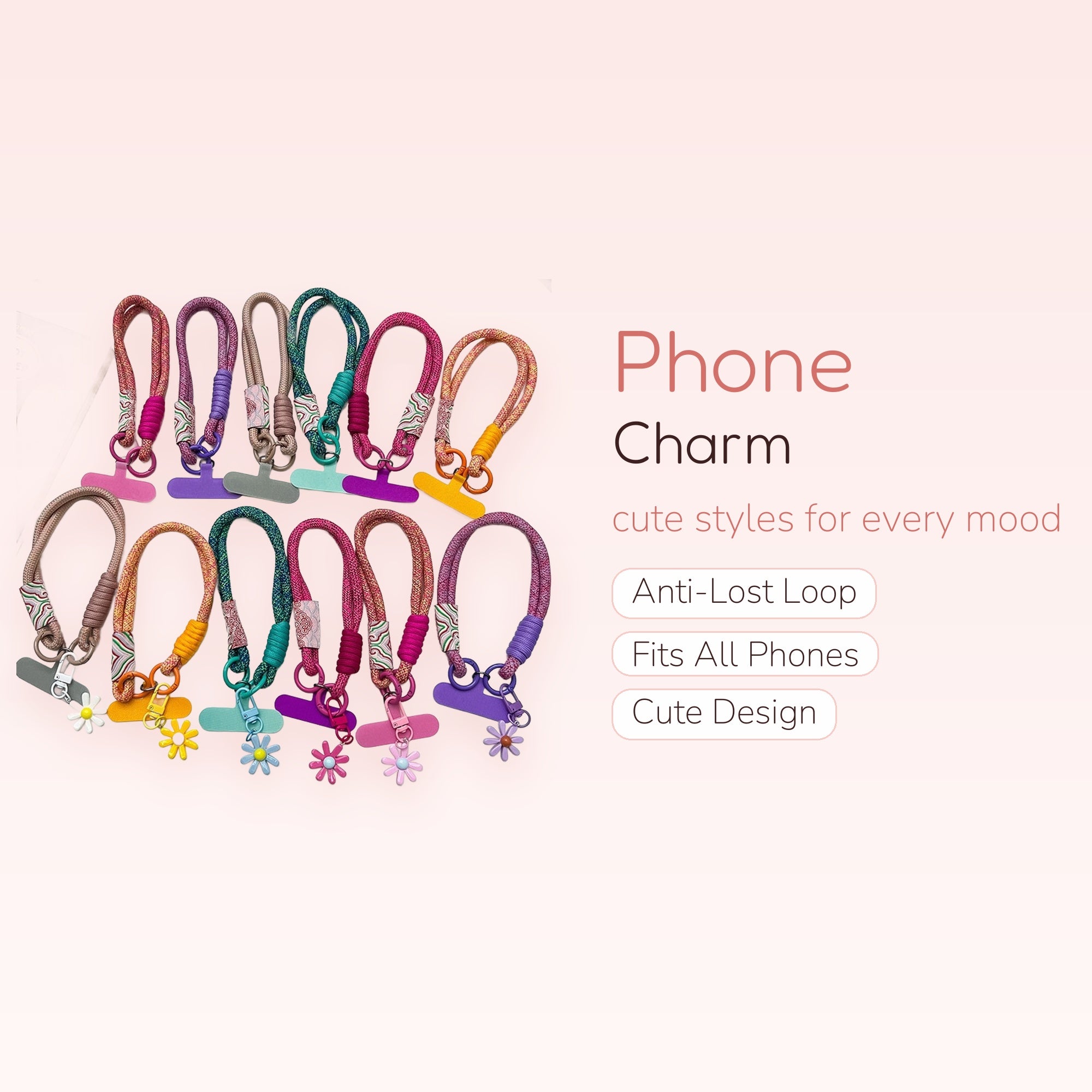 Colorful Braided Rope Phone Charm Lanyard | Daisy Flower Wrist Strap