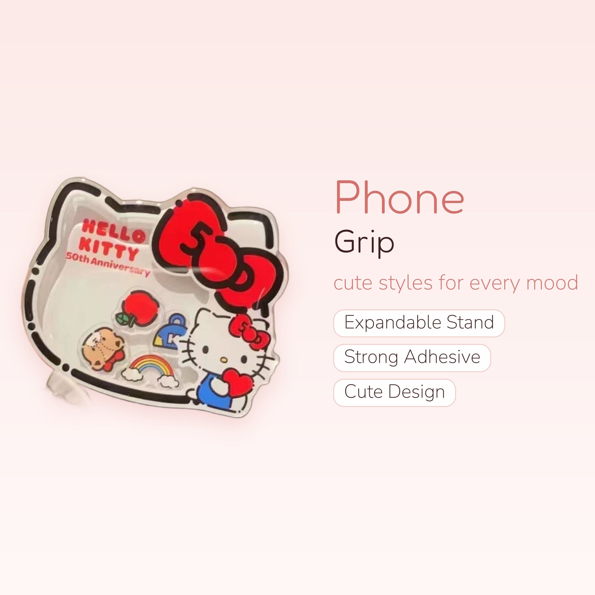 Hello Kitty 50th Anniversary Phone Grip | Kawaii Clear Pop Socket Stand