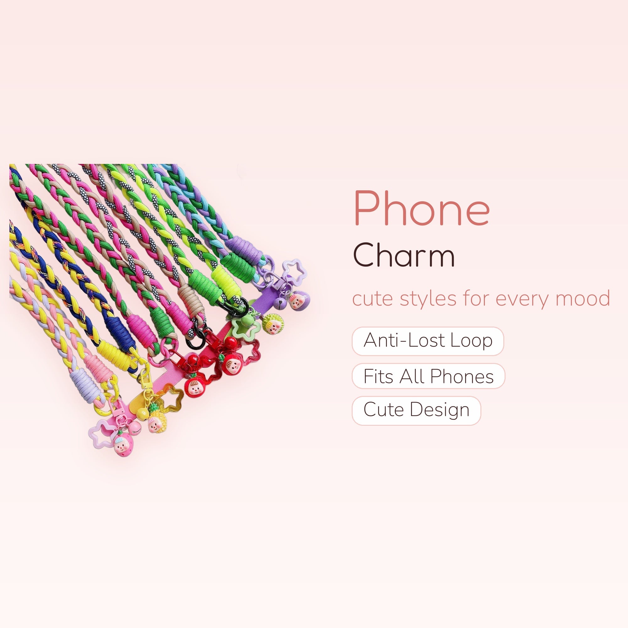 Colorful Braided Lanyard Phone Charm | Kawaii Fruit & Star Keychain Wrist Strap