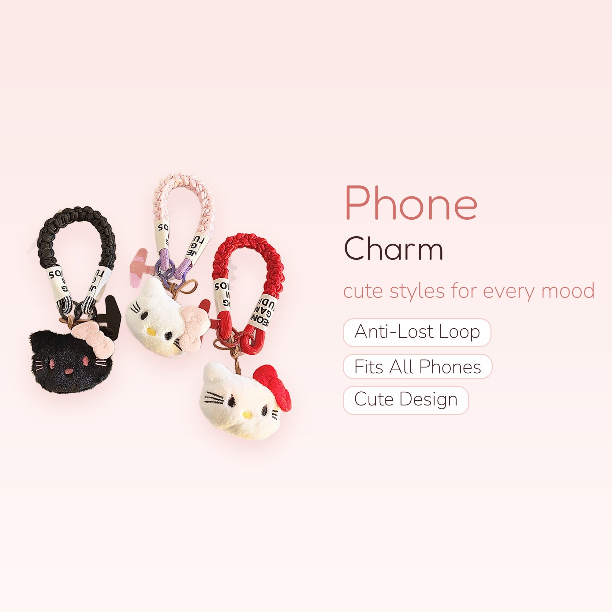 Fluffy Hello Kitty Phone Charm Strap | Braided Wrist Lanyard