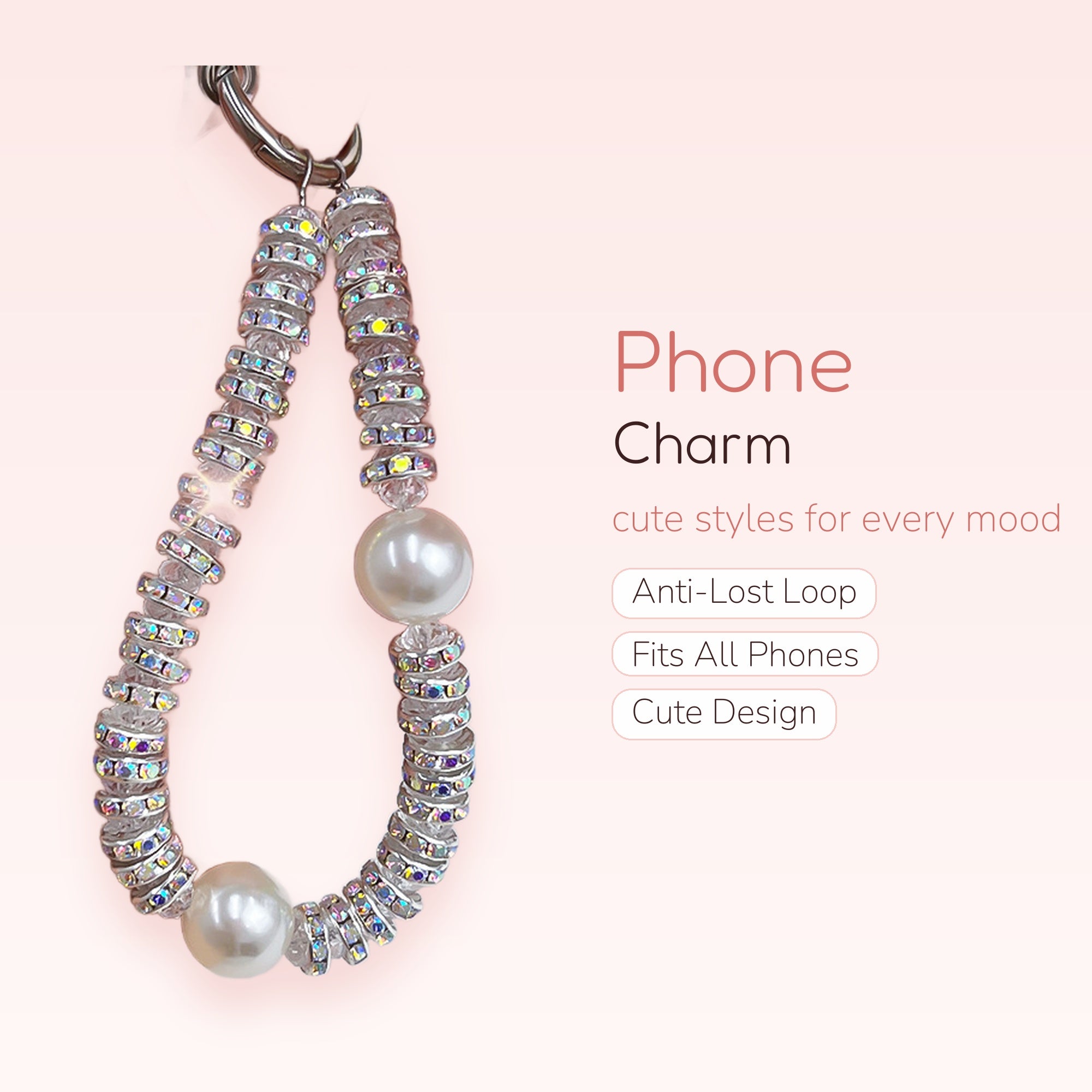 Sparkly Crystal & Pearl Phone Charm Strap | Aesthetic Beaded Wrist Lanyard