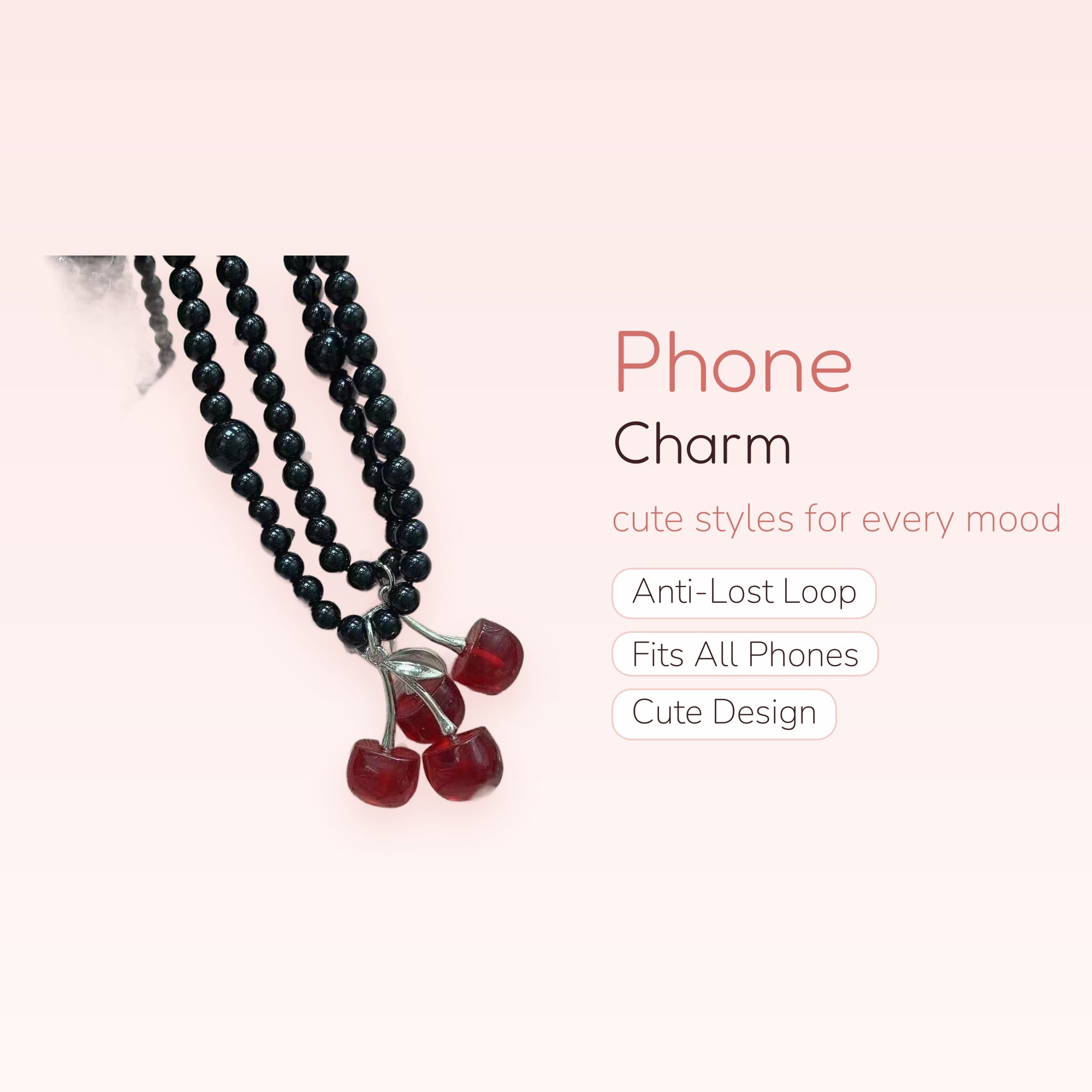 Kawaii Black Beaded Phone Charm | Red Cherry Fruit Wrist Lanyard