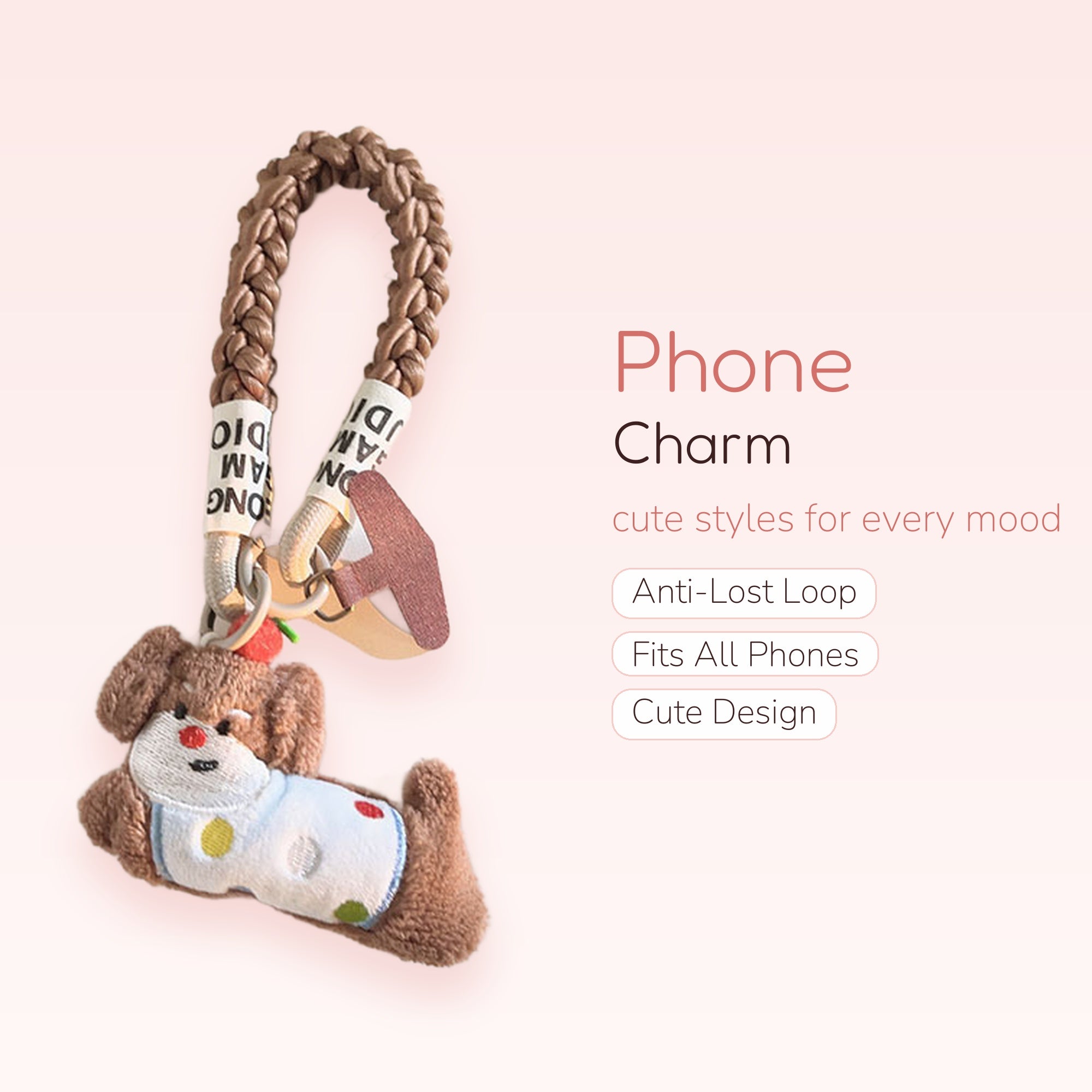 Cute Brown Plush Dog Phone Charm | Braided Wrist Strap Keychain