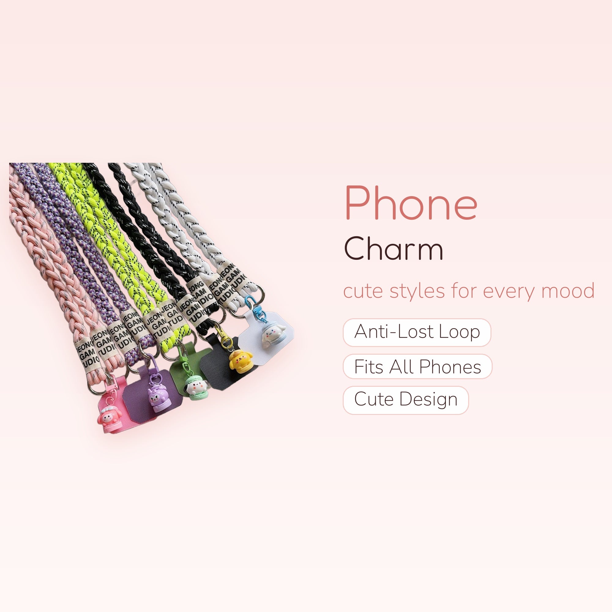 Braided Lanyard Phone Charm Strap with Kawaii Animal Macaron Charms | Aesthetic Wrist Lanyard