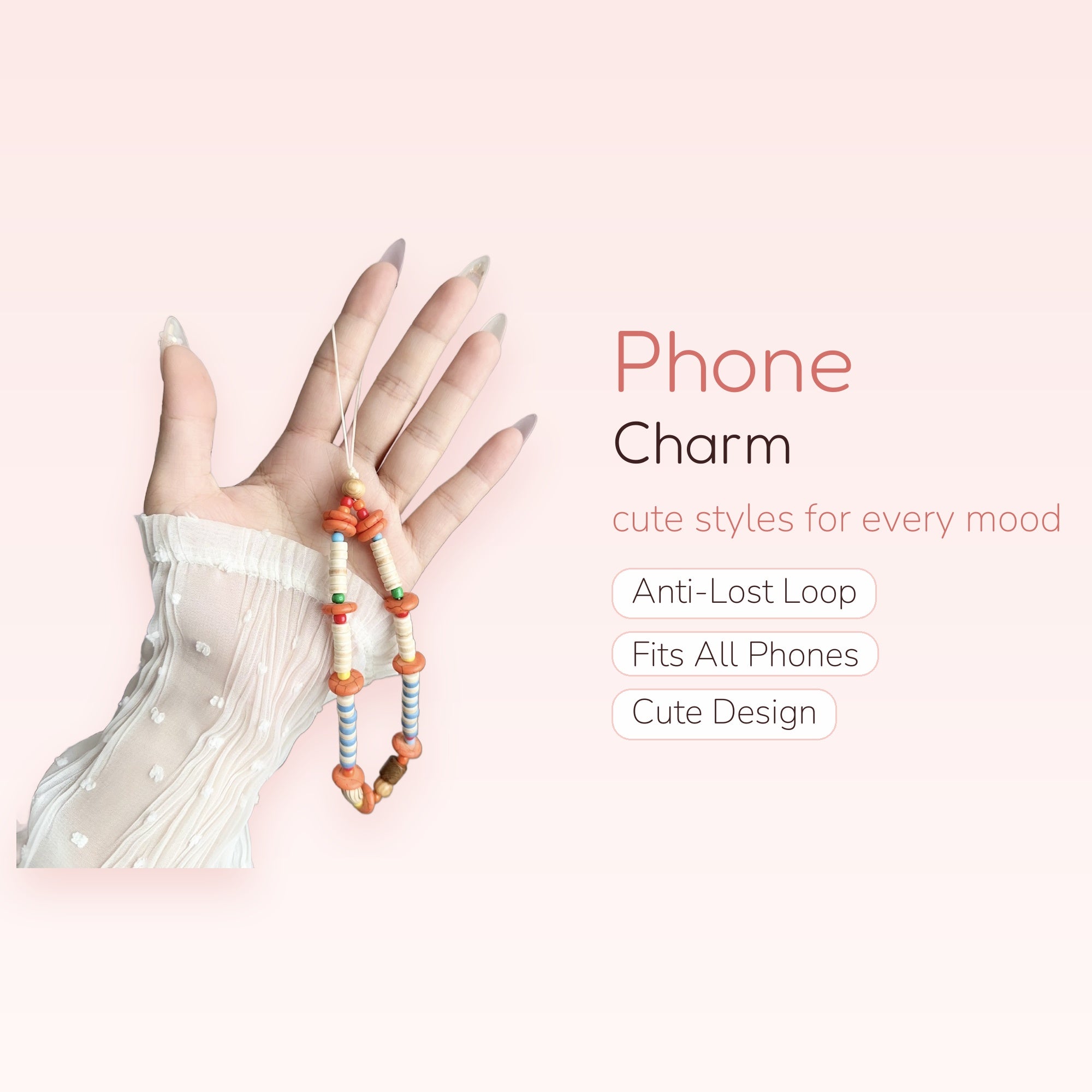 Boho Beaded Phone Charm Strap | Colorful Wooden & Clay Bead Wrist Lanyard