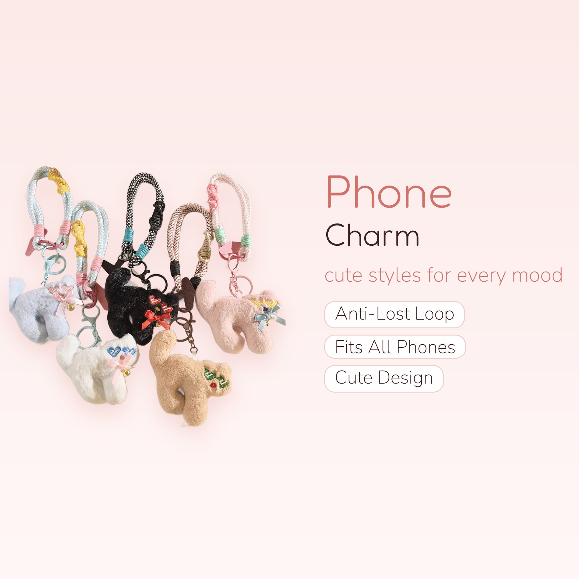 Kawaii Fluffy Cat Phone Charm | Cute Plush Kitten Wrist Strap Lanyard