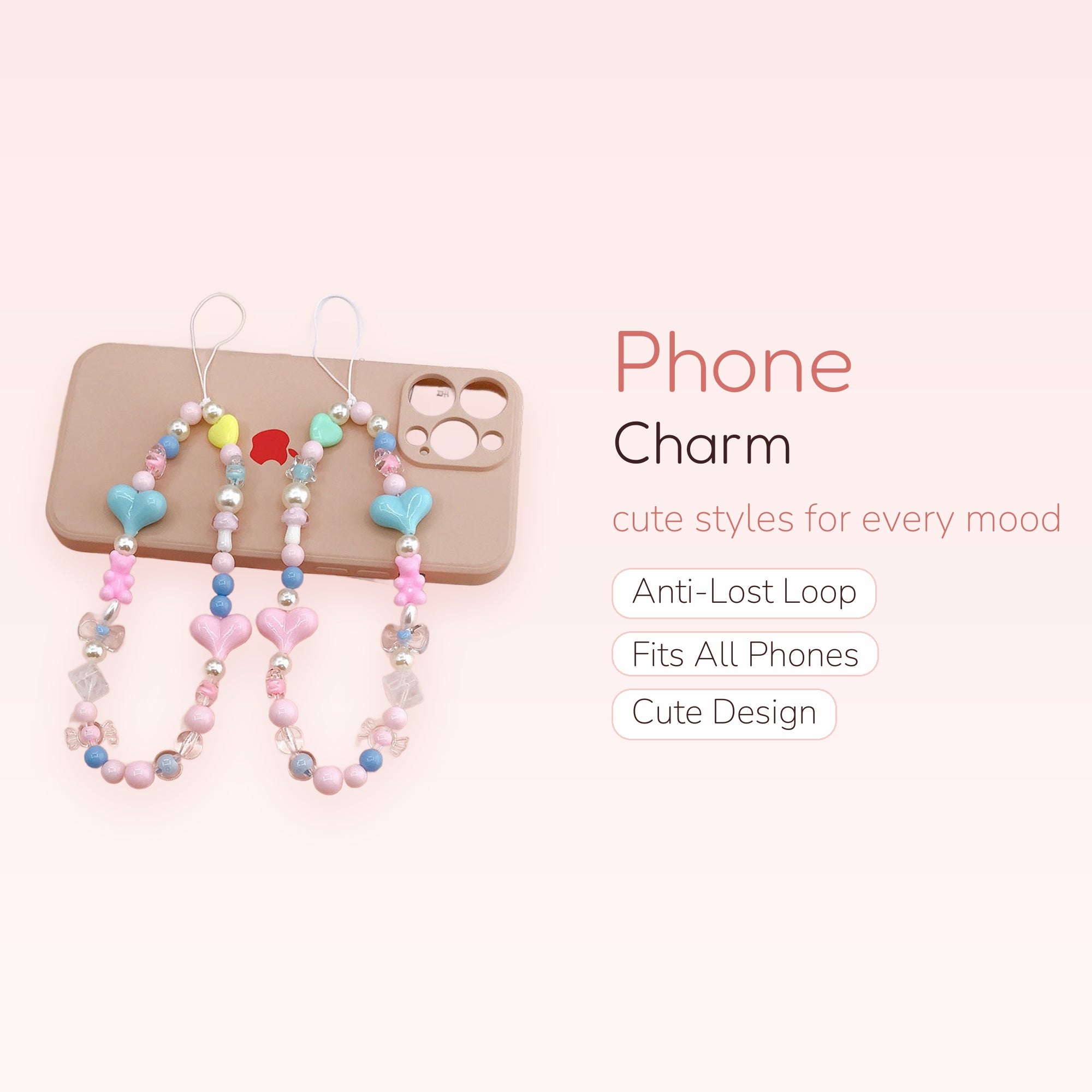 Pastel Beaded Phone Charm Strap | Kawaii Heart & Bear Wrist Lanyard