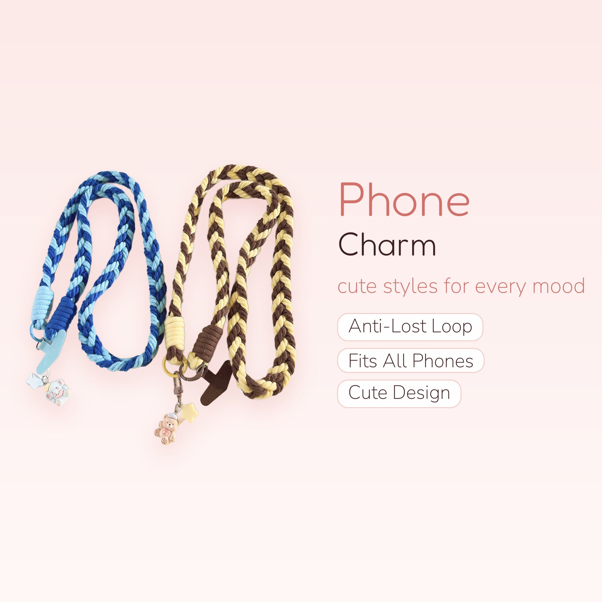 Braided Rope Phone Lanyard with Cute Bear Charm | Aesthetic Crossbody Phone Strap
