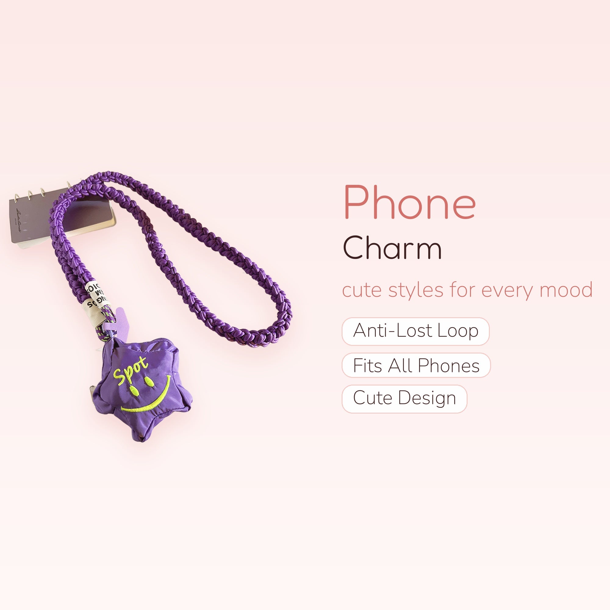 Y2K Braided Purple Lanyard Phone Charm | Cute Star Smiley Face Mini Pouch