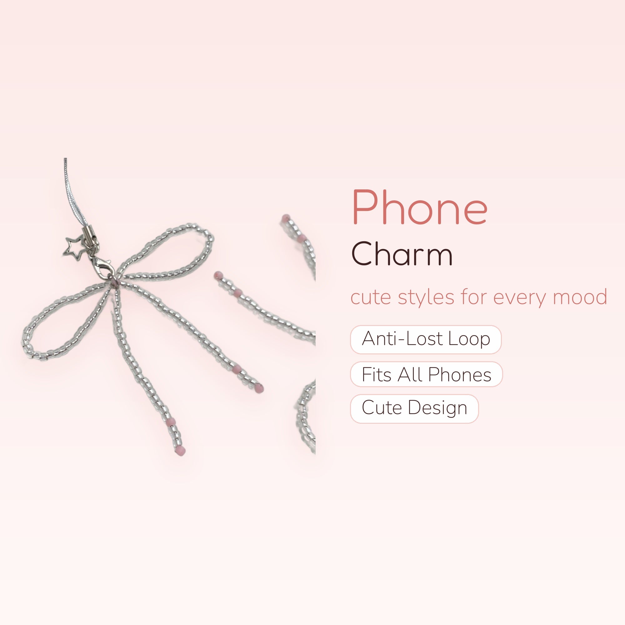 Clear Beaded Bow Phone Charm | Cute Pink Accent Strap