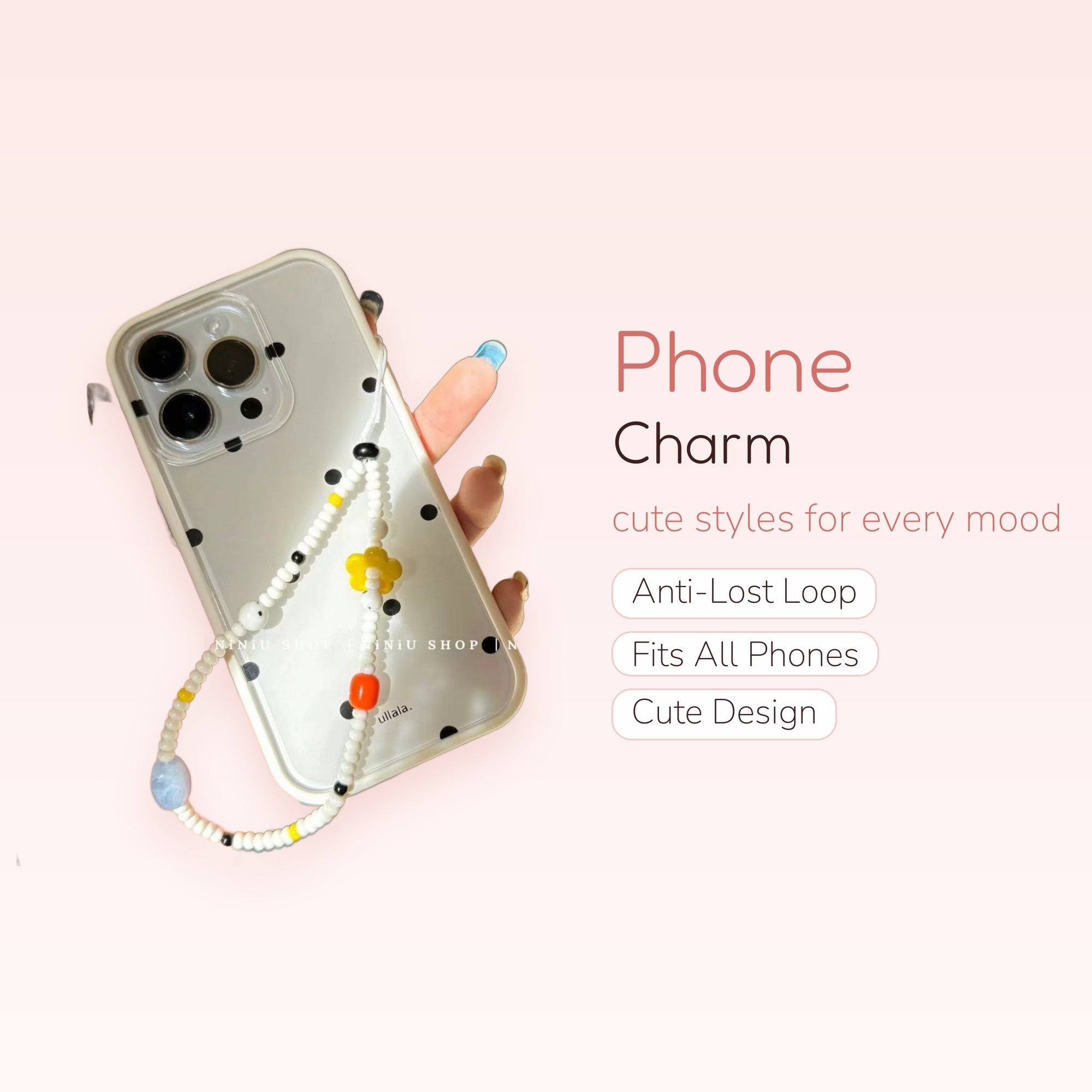 Cute Polka Dot Phone Case with Beaded Phone Charm | Y2K White & Black Beaded Wrist Strap