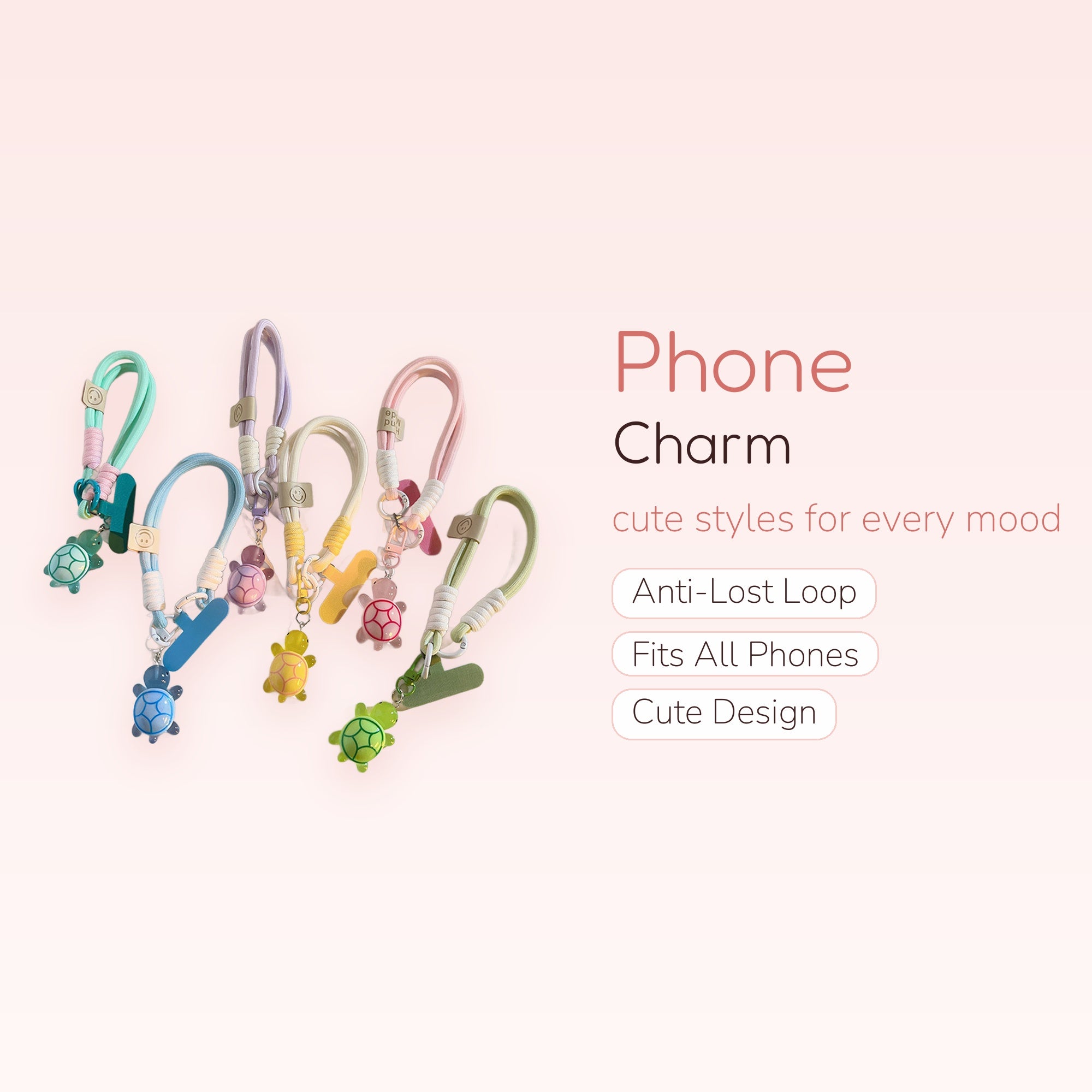 Pastel Turtle Phone Charm Strap | Kawaii Wrist Lanyard with Smiley Face