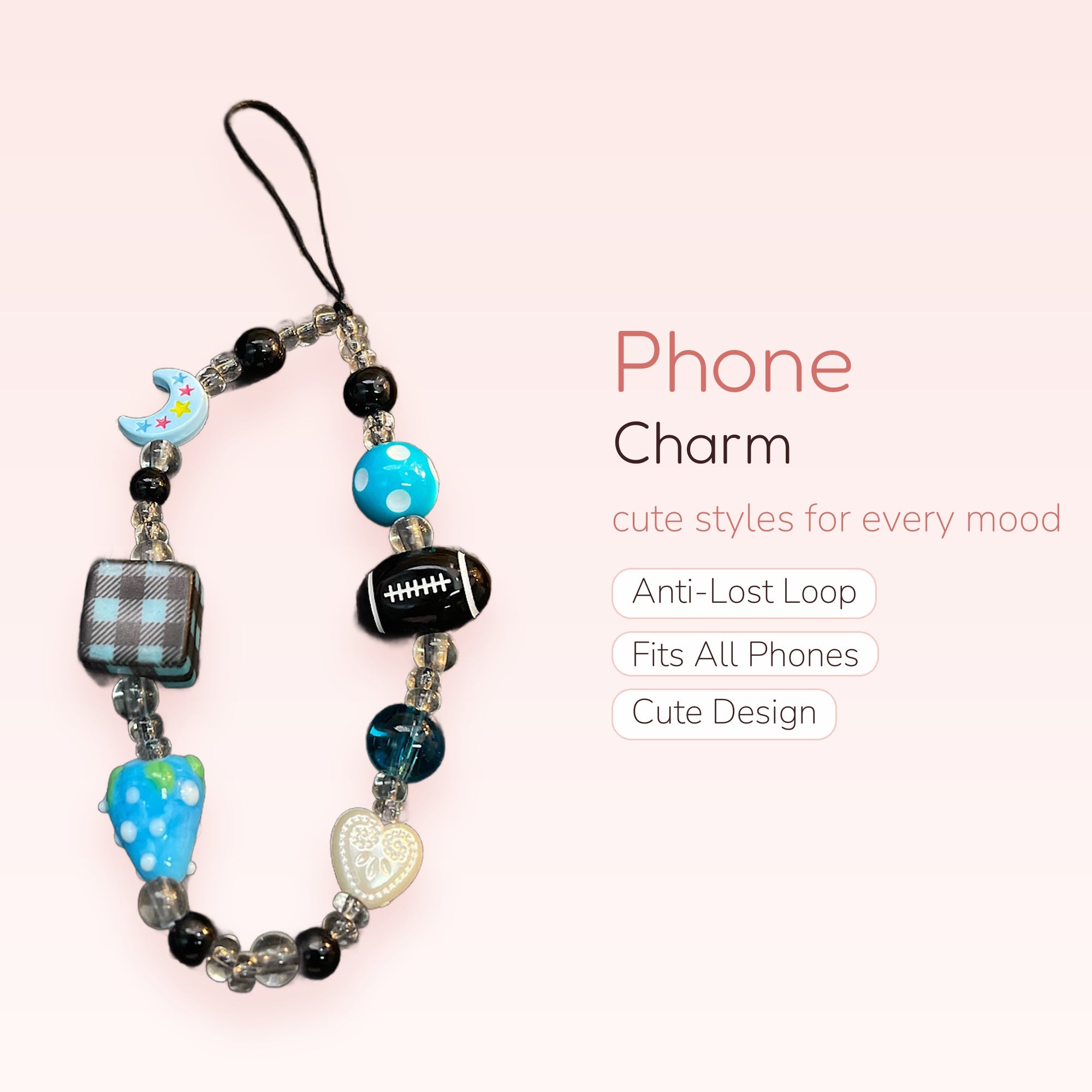 Aesthetic Blue & Black Beaded Phone Charm | Cute Moon & Football Wrist Strap