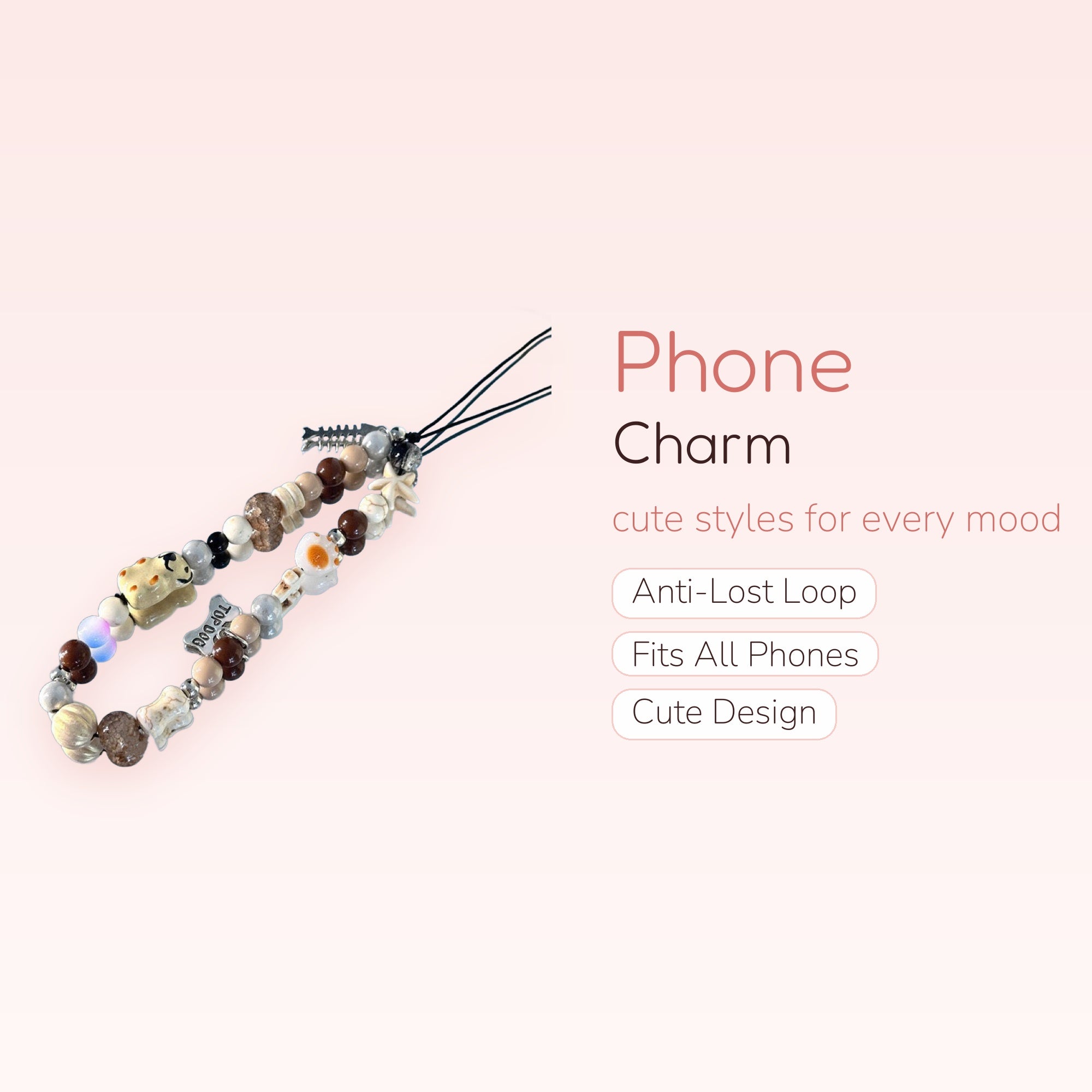 Cute Dog Bone & Fried Egg Phone Charm | Aesthetic Beaded Wrist Strap