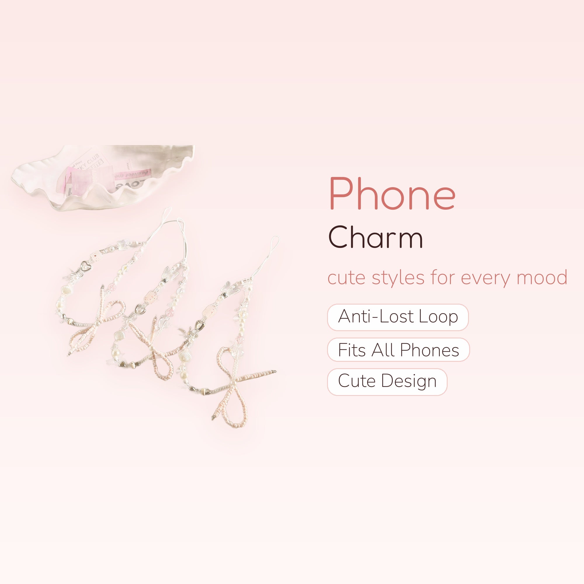 Kawaii Pastel Pink & Pearl Beaded Phone Charm | Aesthetic Heart & Shell Wrist Strap
