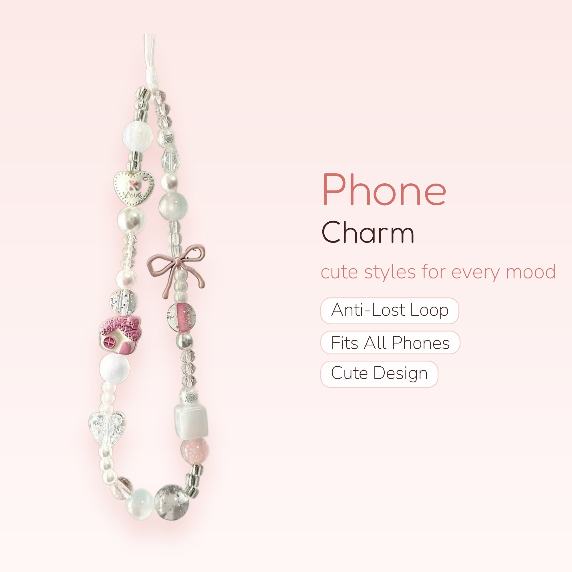 Kawaii Pink & White Beaded Phone Charm | Pastel Heart & Bow Wrist Strap