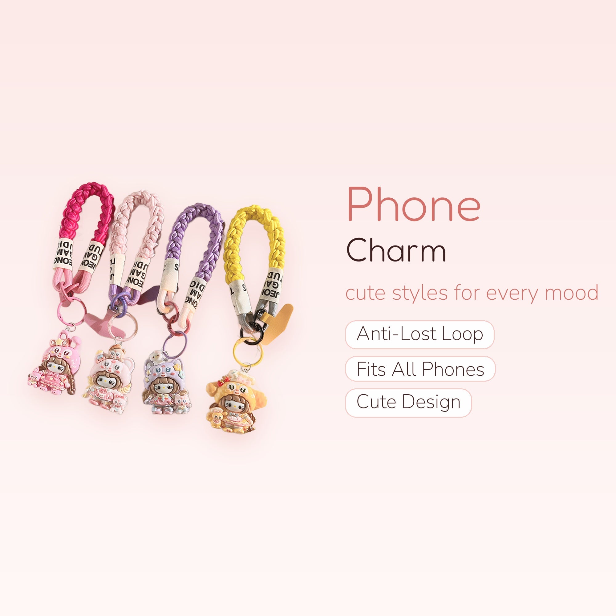 Kawaii Hello Kitty Character Braided Wrist Phone Charm | Cute Pastel Lanyard Keychain