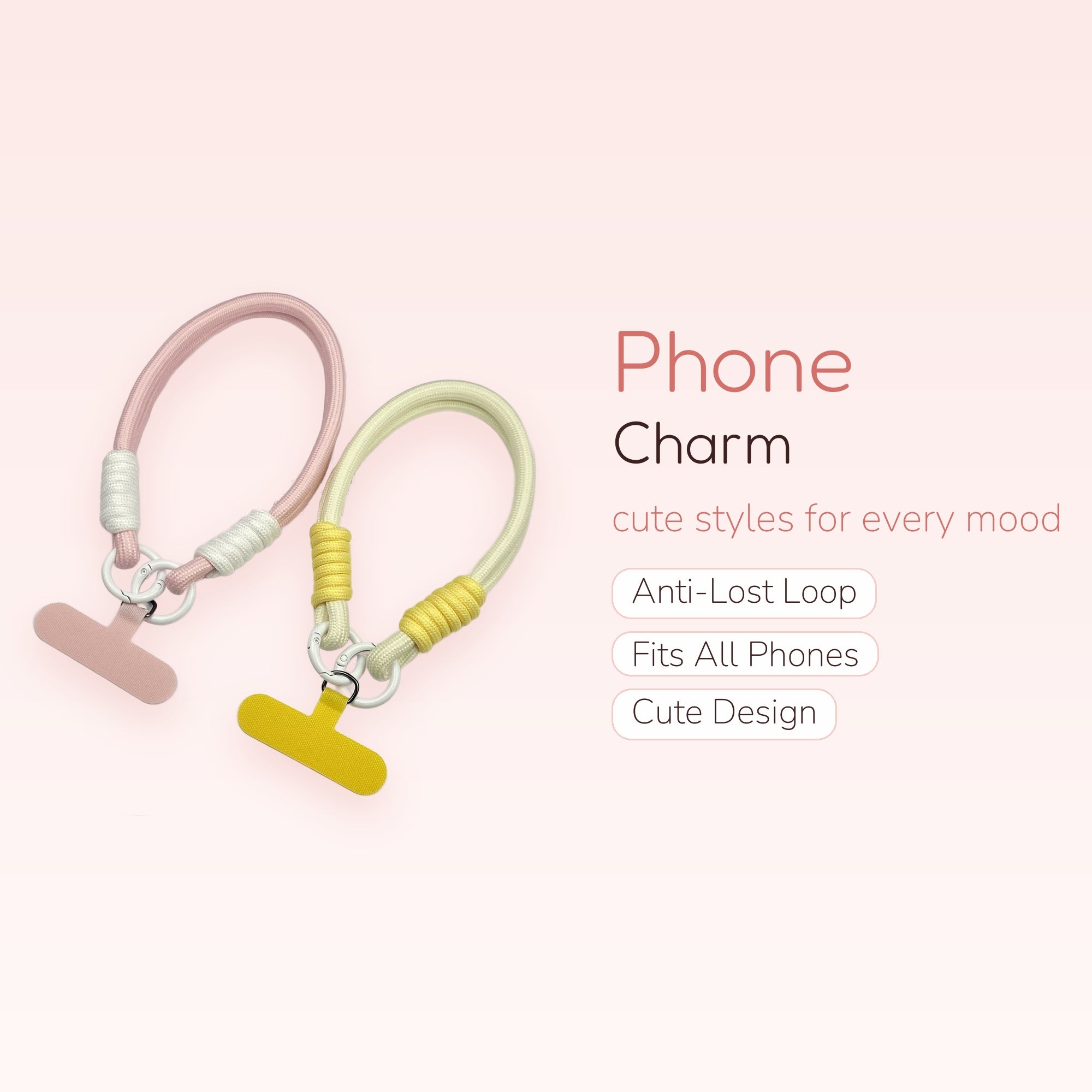 Pastel Pink & Yellow Rope Phone Charm | Cute Wrist Lanyard Strap
