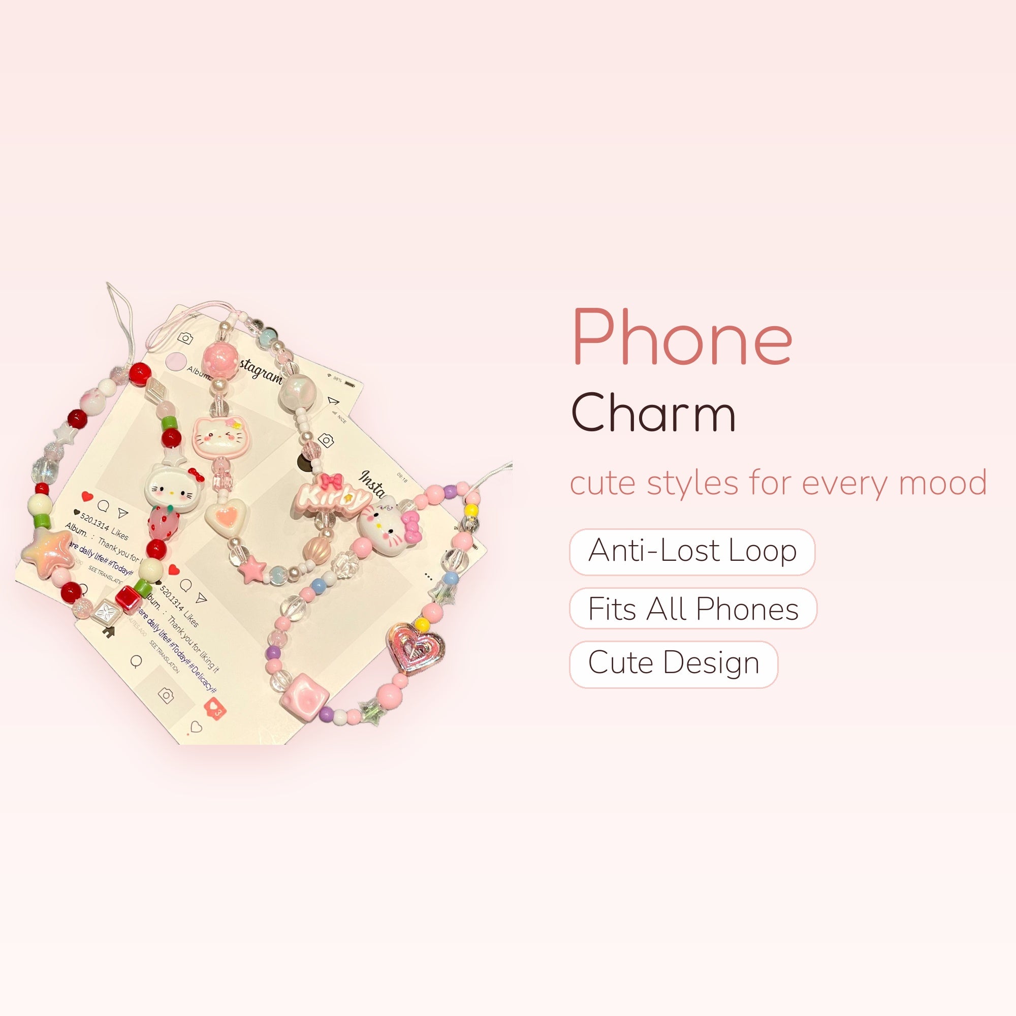 Kawaii Hello Kitty & Kirby Phone Charm Strap | Pastel Beaded Wrist Lanyard with Hearts & Stars