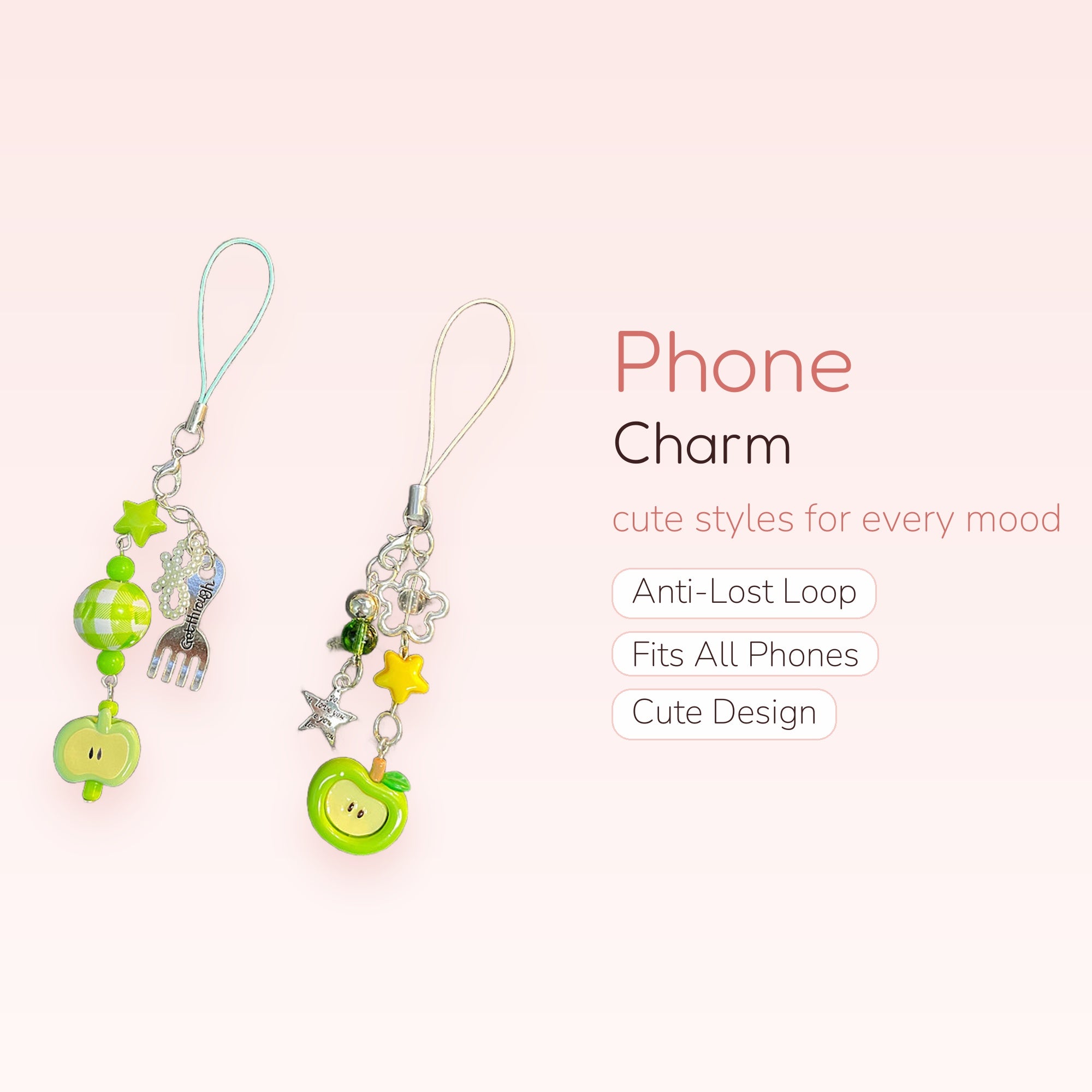 Kawaii Green Apple & Star Phone Charm | Aesthetic Beaded Y2K Phone Strap