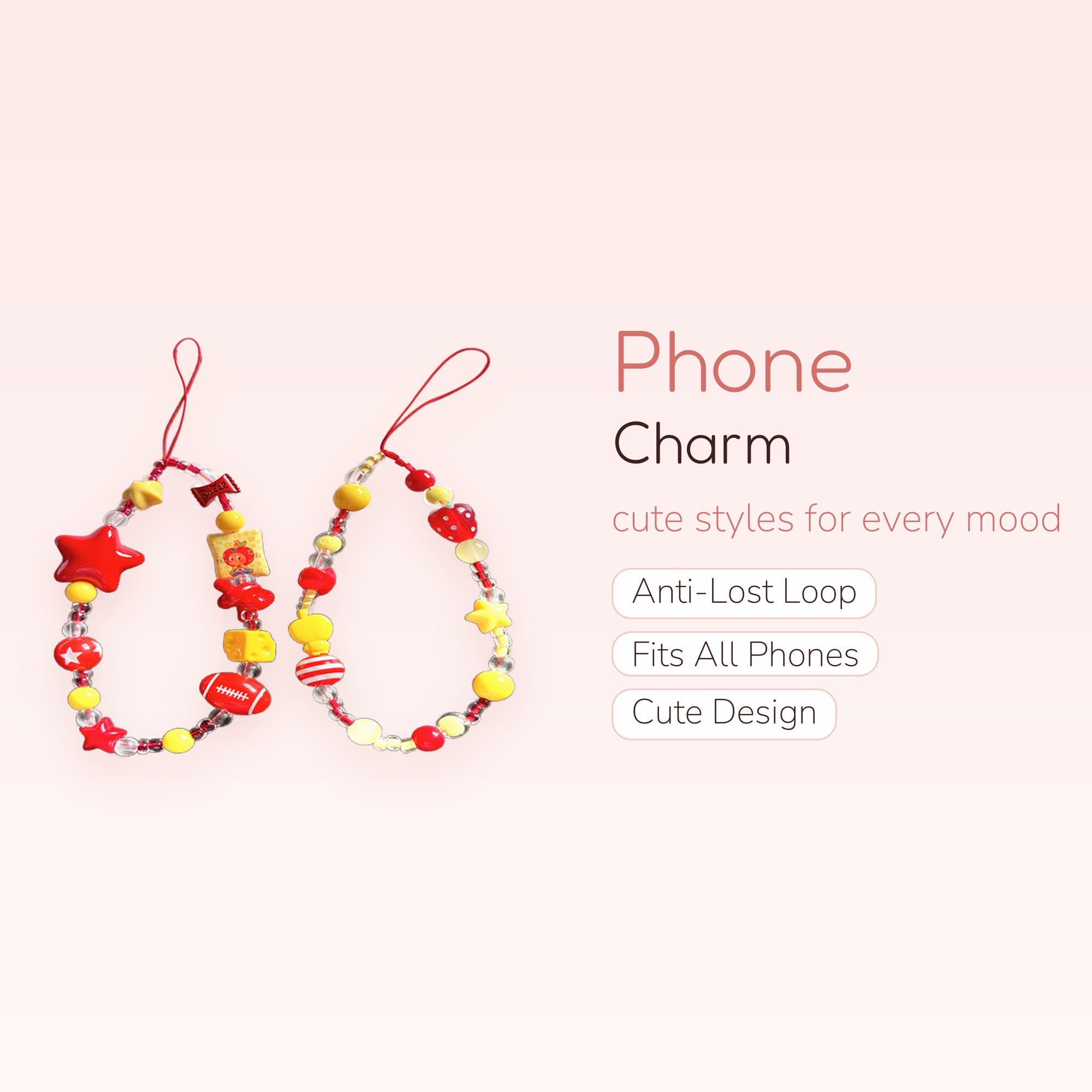 Cute Red & Yellow Beaded Phone Charm | Kawaii Star & Fruit Wrist Strap