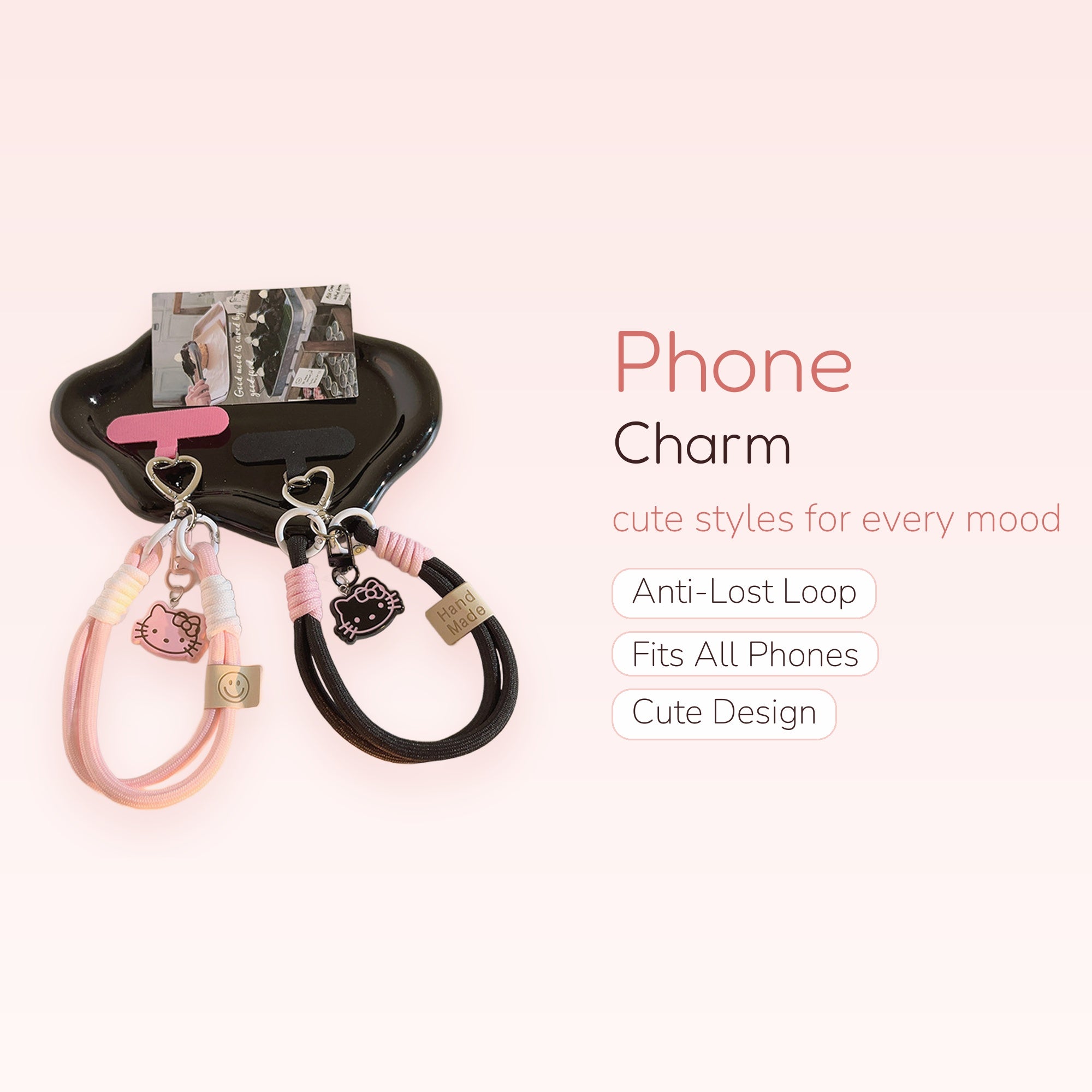 Kawaii Hello Kitty Phone Charm Wrist Strap | Pink & Black Lanyard with Phone Anchor