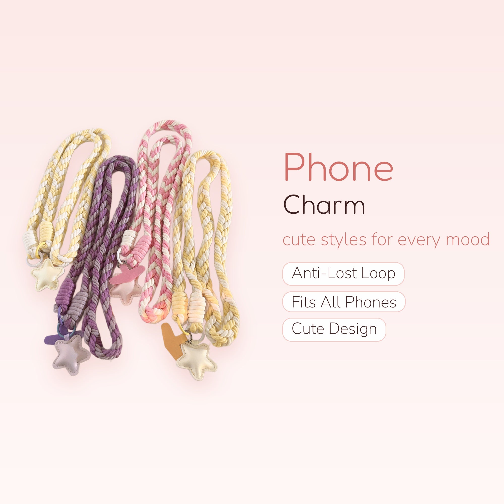 Braided Rope Phone Charm Lanyard | Pastel Star Keychain Strap