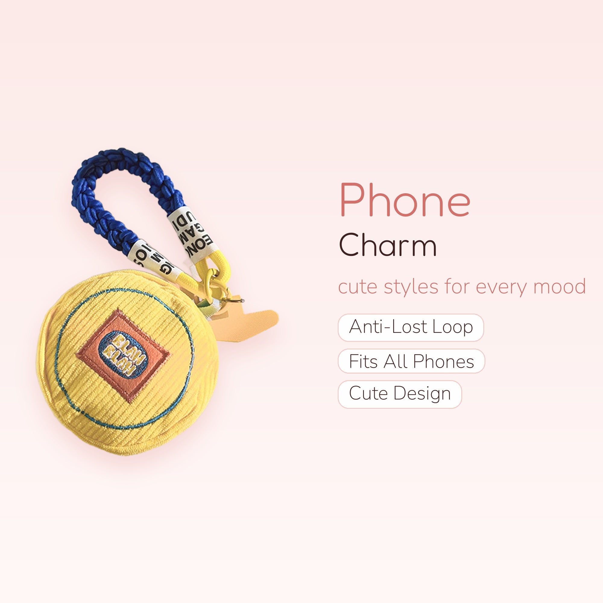 Cute Yellow Corduroy Circle Phone Charm | Aesthetic Blue & Yellow Braided Wrist Strap