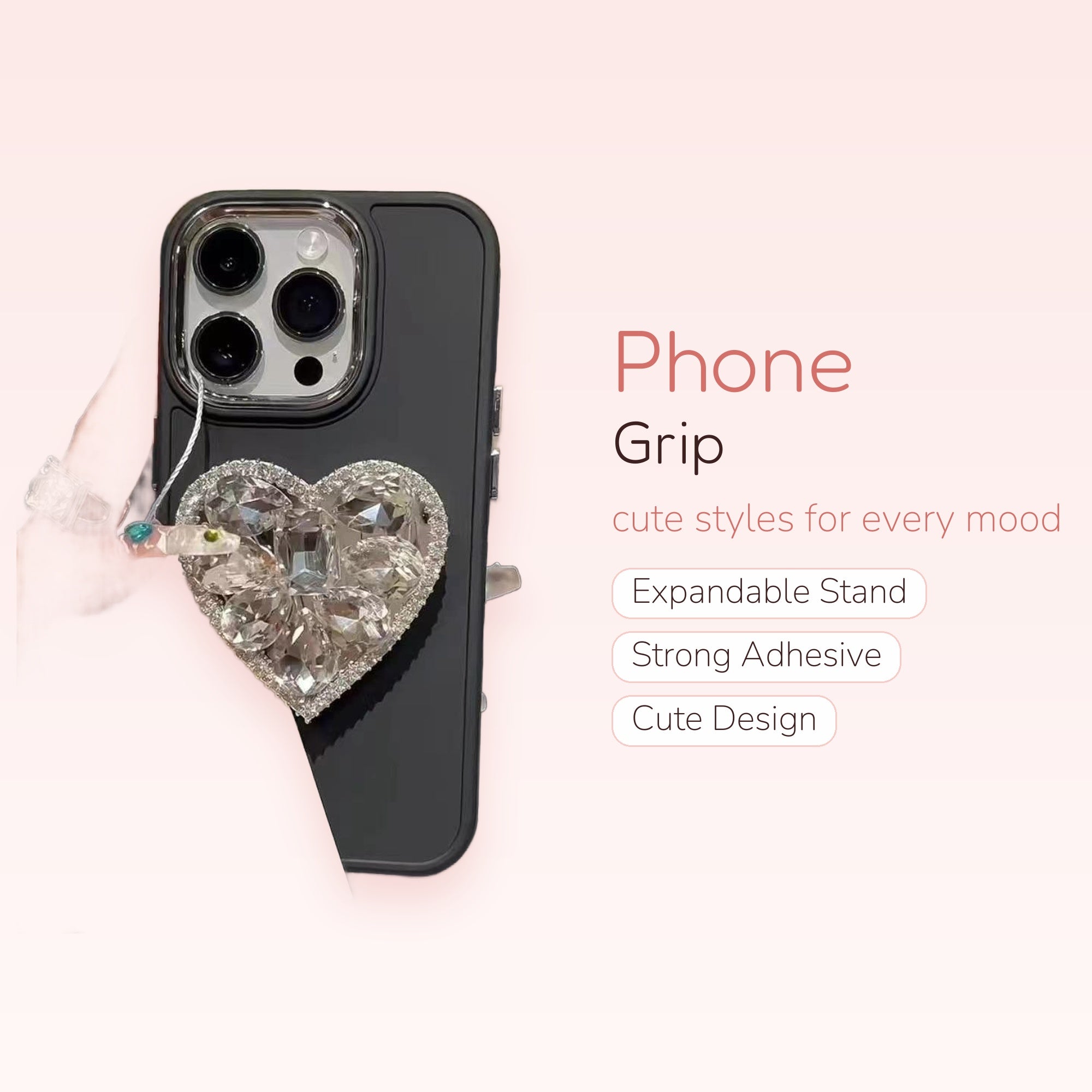 Sparkly Crystal Heart Phone Grip | Cute Rhinestone Pop Socket Stand
