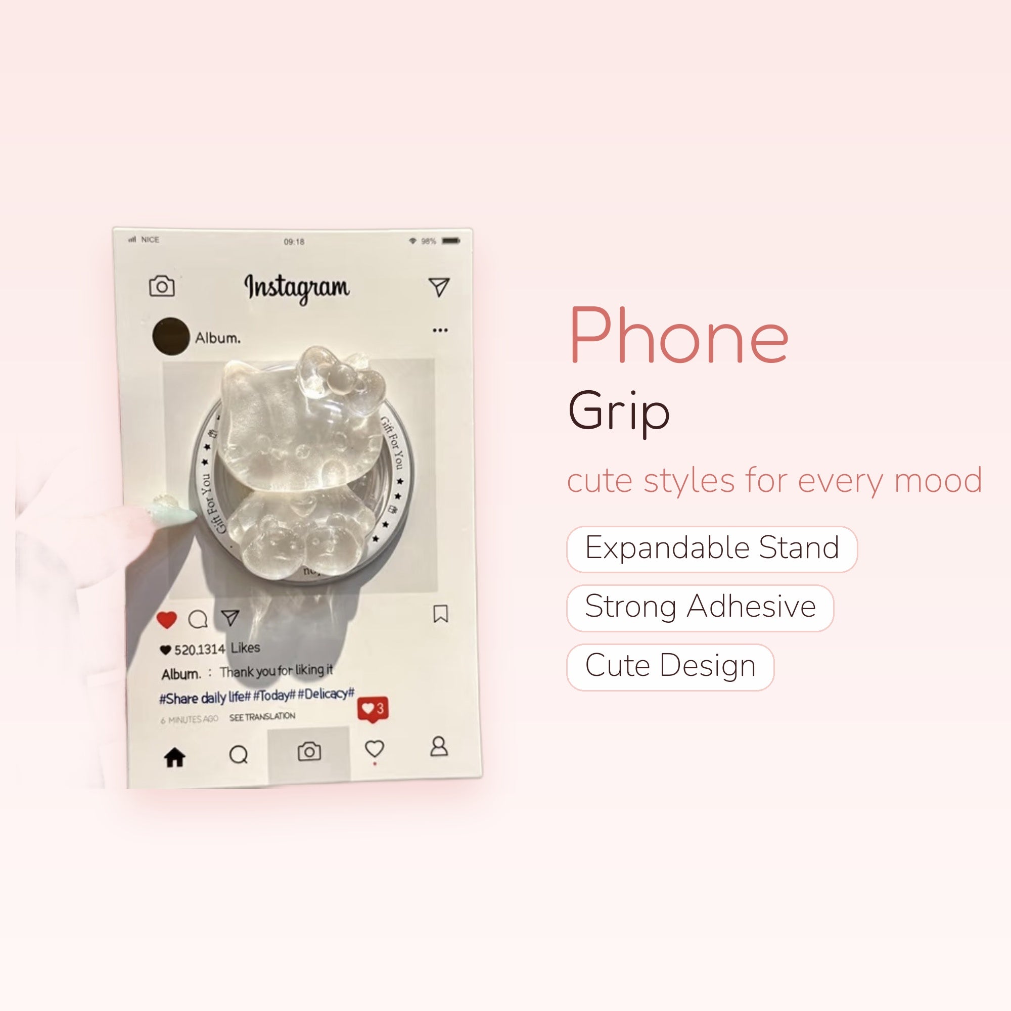Clear Hello Kitty & Bear Phone Grip | Kawaii Pop Socket Stand for Girls