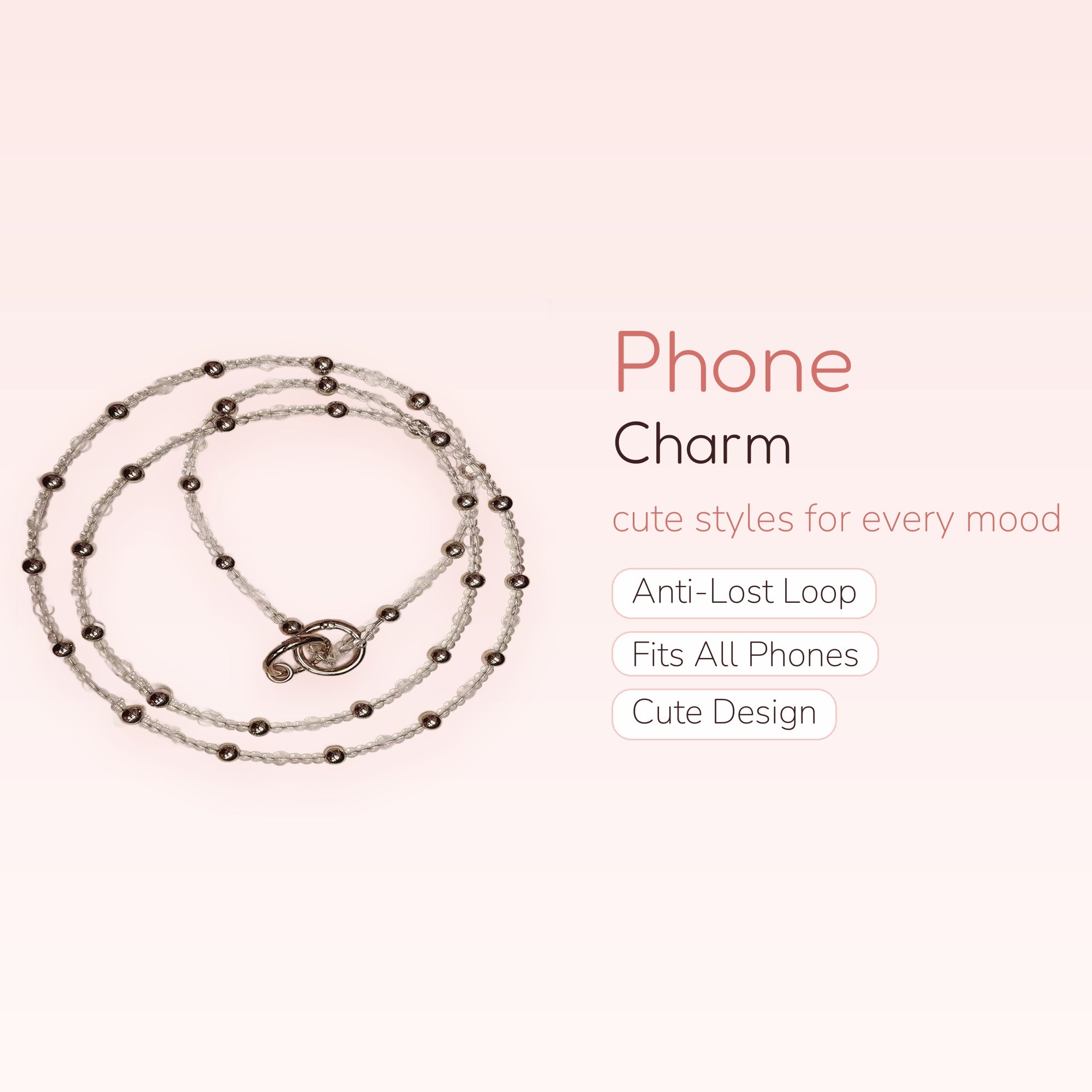 Clear Beaded & Silver Ball Phone Charm Lanyard | Aesthetic Long Phone Strap