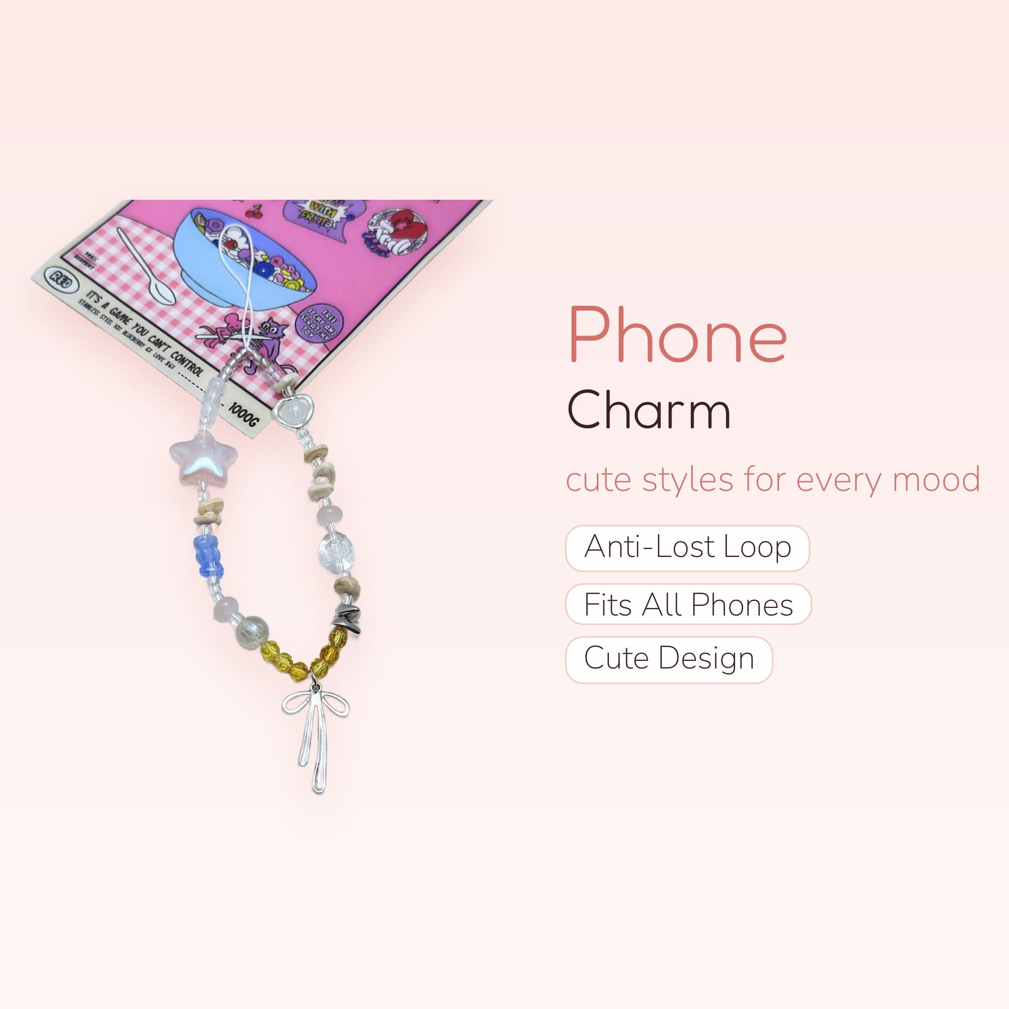 Pastel Beaded Phone Charm Strap | Cute Star & Bow Wrist Lanyard