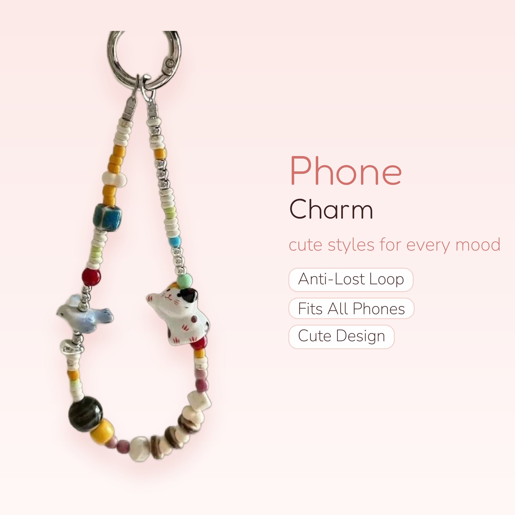 Kawaii Beaded Cat & Bird Phone Charm | Colorful Ceramic & Seed Bead Wrist Strap