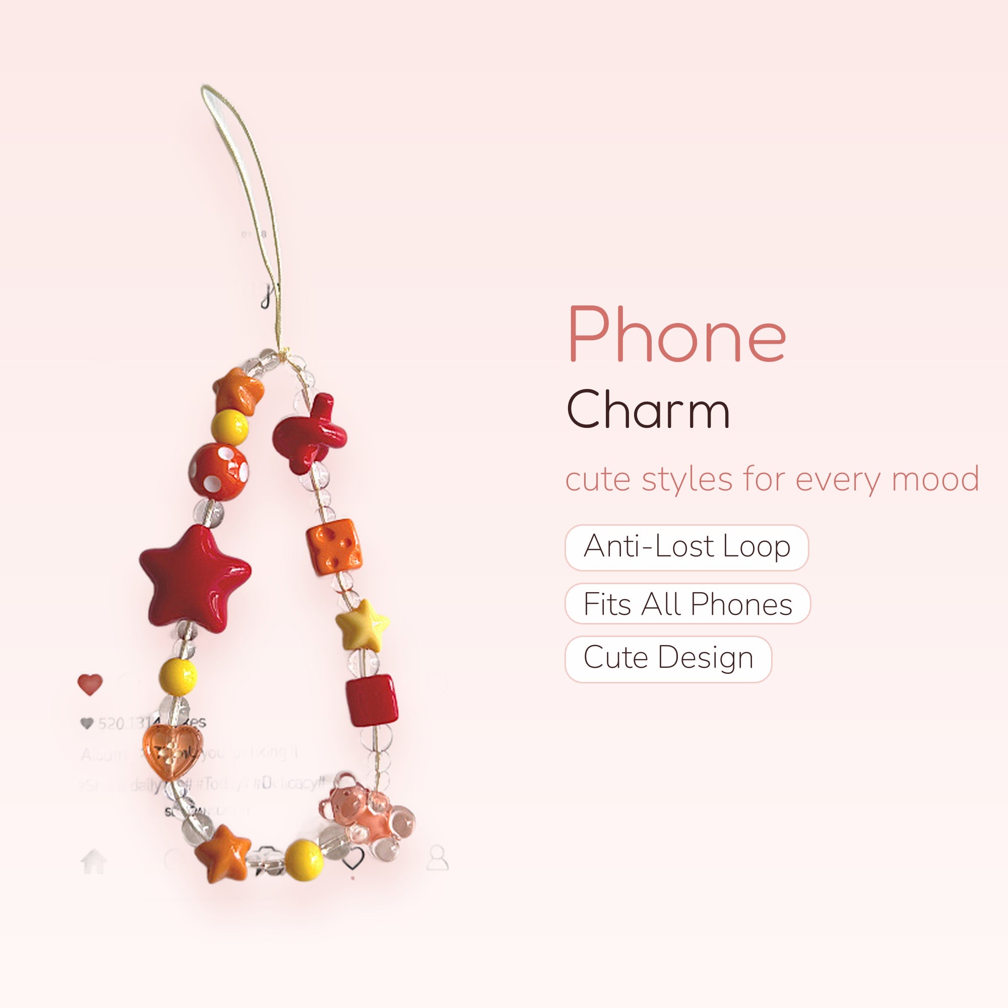 Red & Orange Star Beaded Phone Charm | Kawaii Y2K Aesthetic Phone Strap