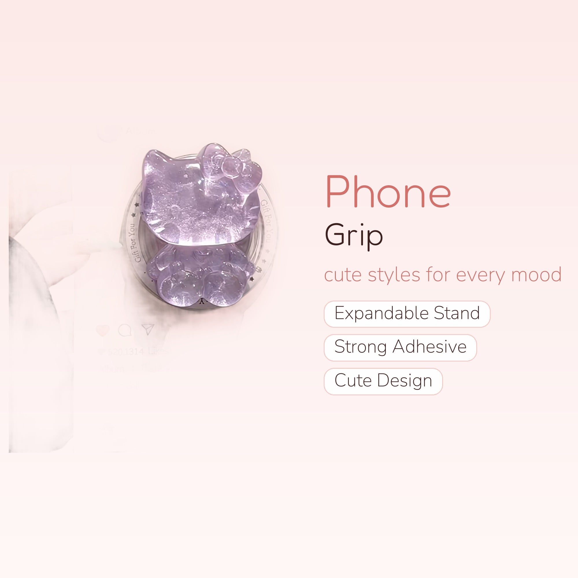 Purple Hello Kitty Phone Grip | Kawaii Clear Glitter Pop Socket Stand