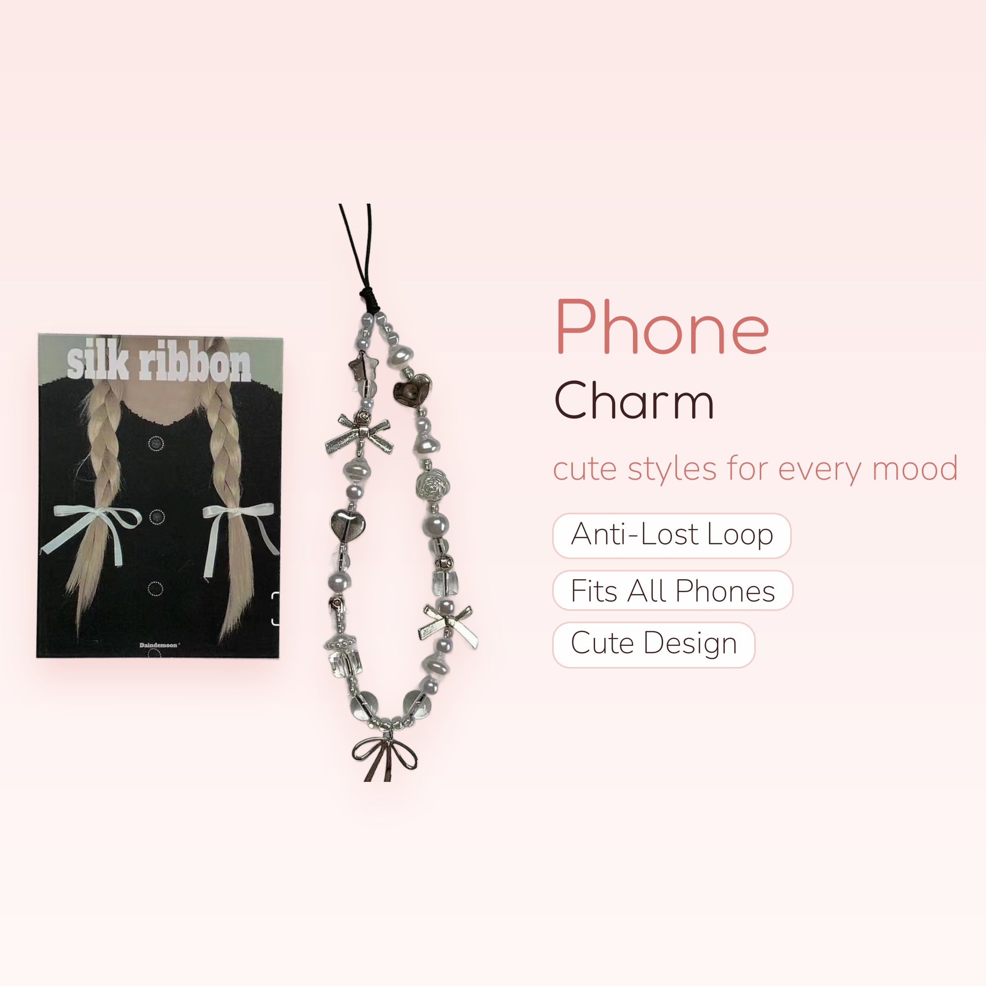 Aesthetic Pearl & Silver Charm Phone Strap | Cute Beaded Wrist Lanyard