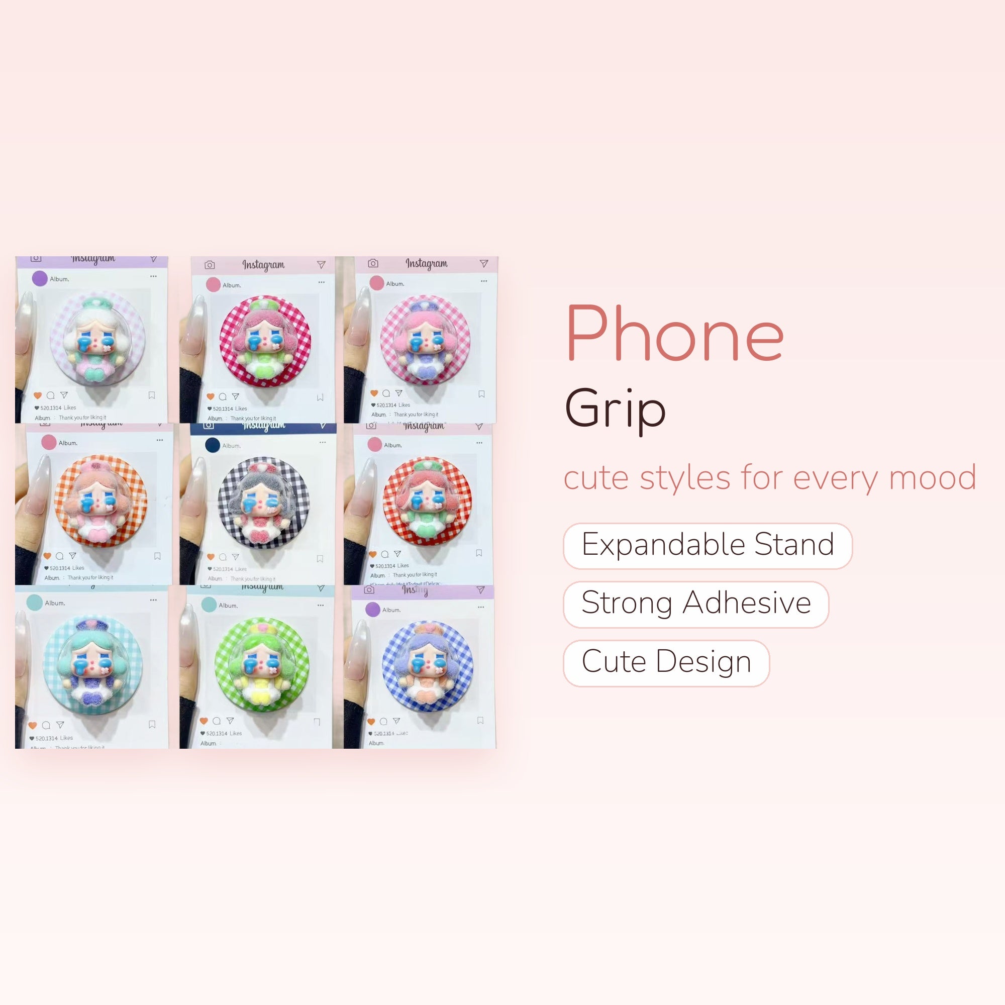 Kawaii Crying Girl Phone Grip | Pastel Gingham Pop Socket Stand