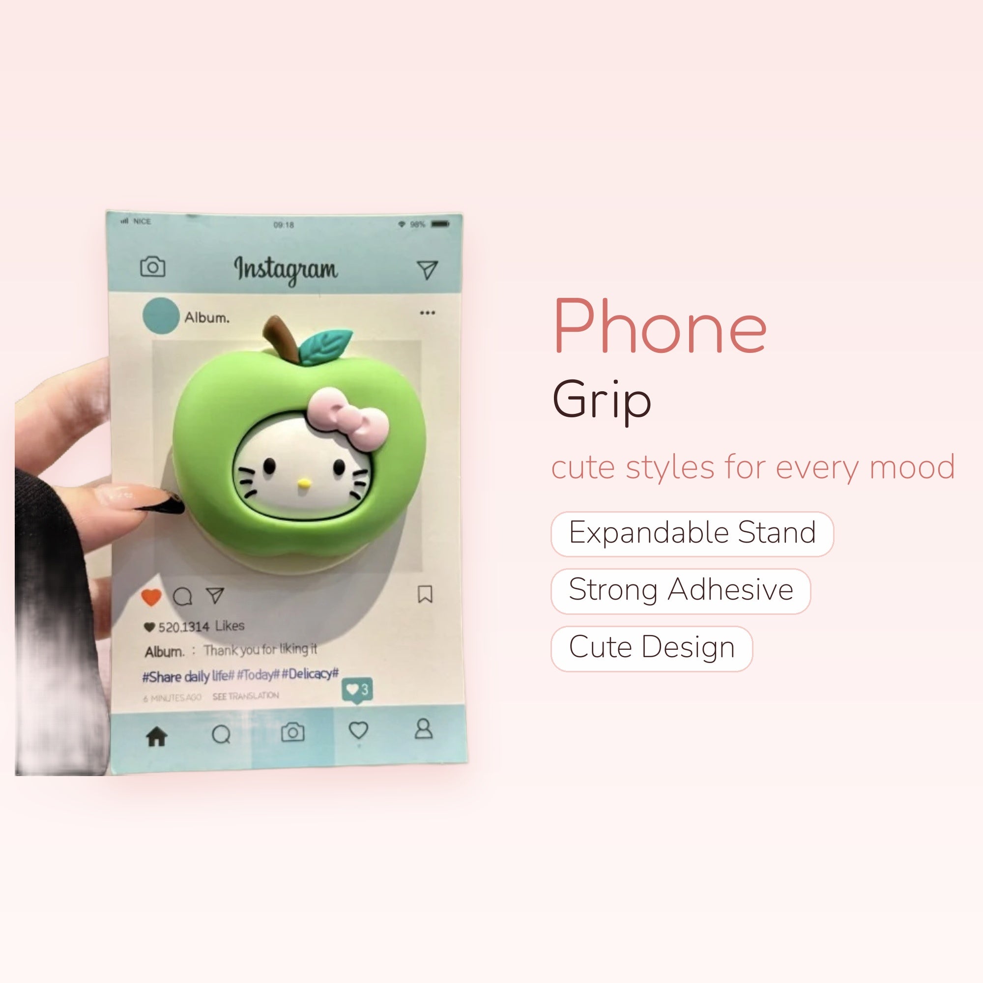 Cute Hello Kitty Green Apple Phone Grip | Kawaii Pop Socket Stand
