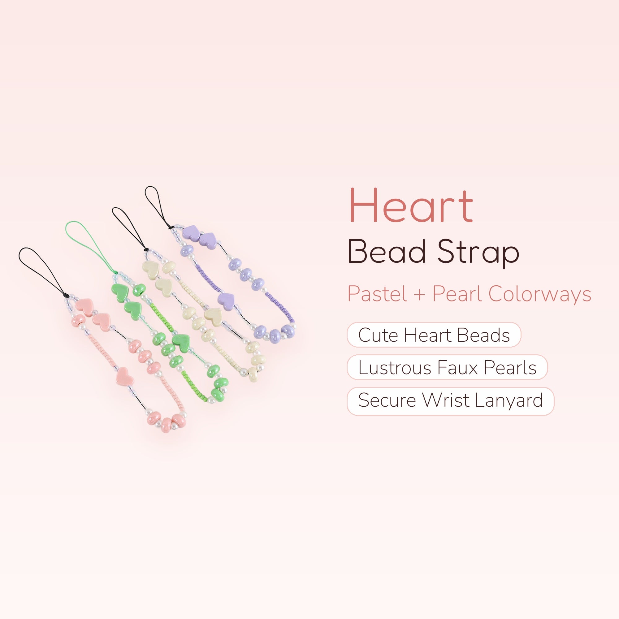 Pastel Heart & Pearl Phone Charm Strap | Cute Beaded Wrist Lanyard