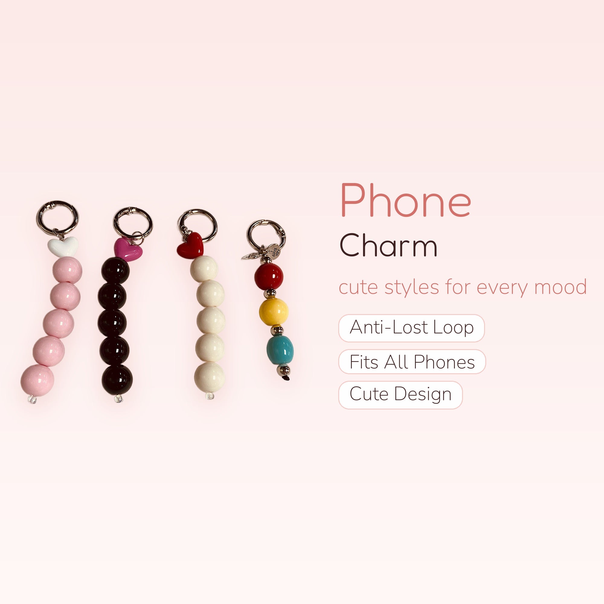 Cute Heart & Bubble Bead Phone Charm | Aesthetic Pastel & Rainbow Beaded Wrist Strap