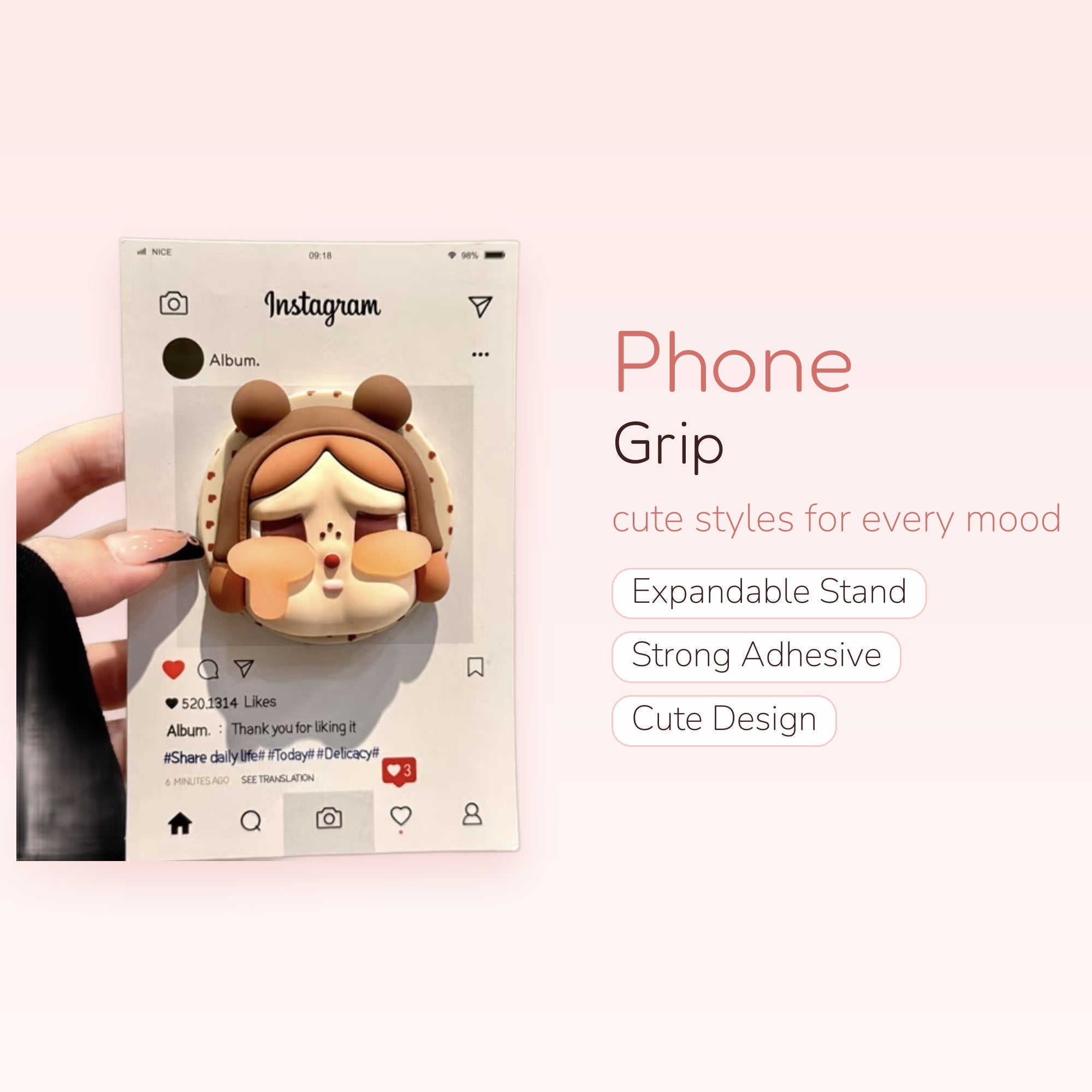 Cute Brown Bear Hooded Girl Phone Grip | Kawaii Pop Socket Stand